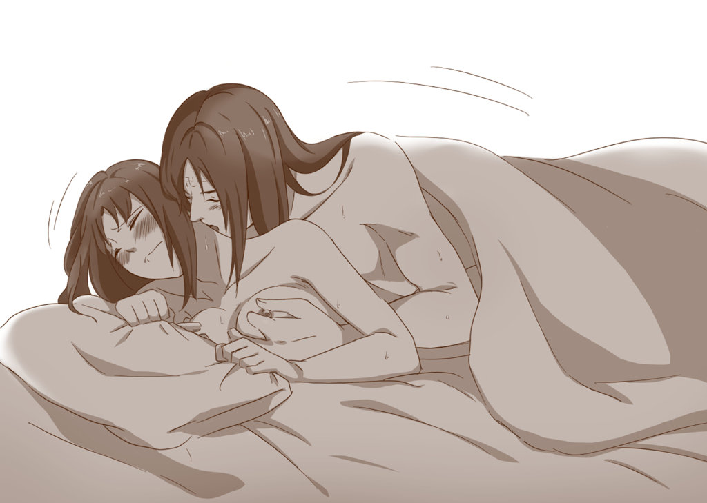 1boy, 1girls, areolae, bed, bed sheet, biting lip, blush, breasts, brown hair, covering, facial mark, female, forehead mark, futon, hair down, heavy blush, hyuuga neji, implied penetration, kissing, kissing neck, long hair, lying, lying on person, male, naked, naruto, naruto (series), naruto shippuden, neck kiss, nipple pinch, nipples, nude, on bed, on stomach, prone bone, sex, tenten