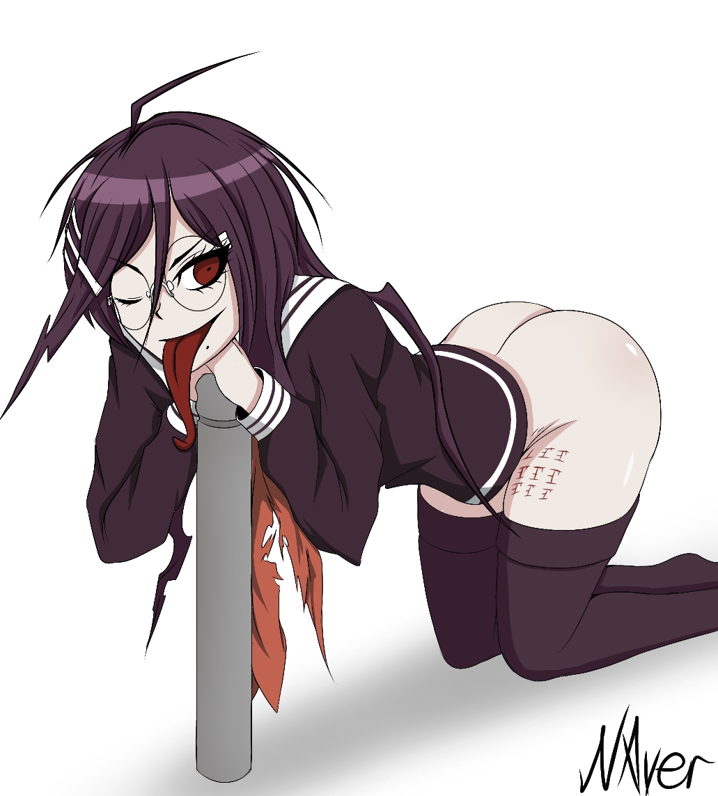 1girls ahoge ass blush body_writing danganronpa danganronpa_ultra_despair_girls exposed_ass female fukawa_touko genocider_shou glasses kneeling long_tongue naver red_eyes scar simple_background smooth_skin solo sweat tally_marks thighhighs white_background wink