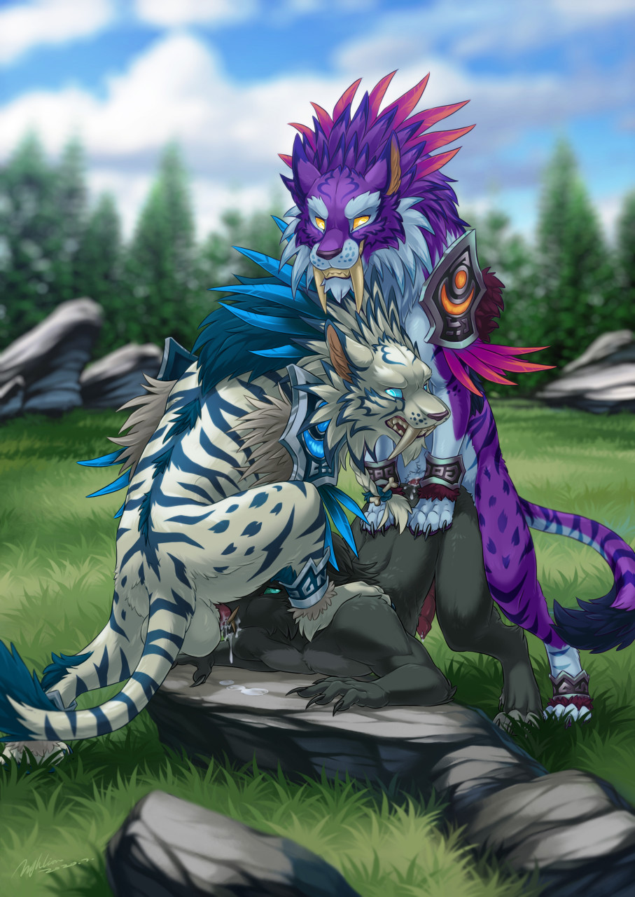 2020 anal anal_sex anthro anthro_on_feral anthro_penetrated blizzard_entertainment canid day detailed_background digital_media_(artwork) druid felid feral feral_penetrating feral_penetrating_anthro fur group hi_res hyhlion machairodontine magic_user male male/male male_penetrated male_penetrating male_penetrating_male mammal oral outside penetration purple_body purple_fur sex sky tribal_spellcaster video_games warcraft were werecanid worgen zoophilia