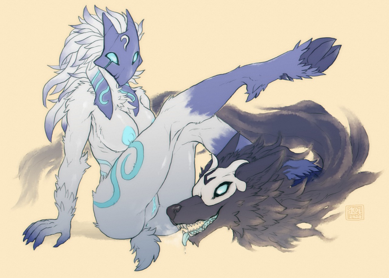 1girls, animal tail, ass, big ass, breasts, female, female focus, furry, goat girl, goat humanoid, kindred, lamb (league of legends), large breasts, league of legends, long hair, mask, pussy, riot games, white fur, wolf, wolf (league of legends)