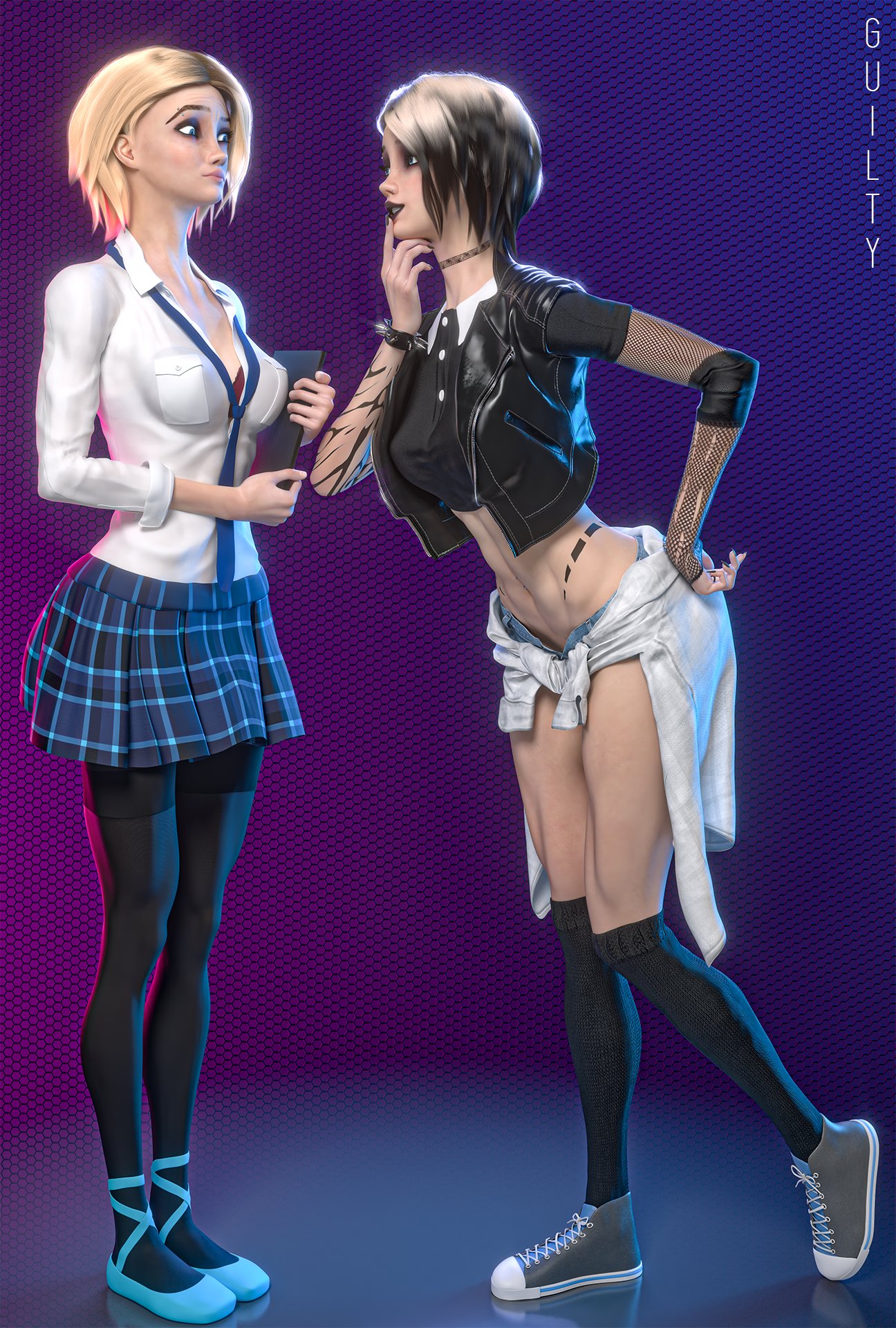 2girls, 3d, athletic, athletic female, black lipstick, blonde hair, blue eyes, eyebrow piercing, female, female focus, female only, guiltyk, gwen stacy, gwen stacy (spider-verse), marvel, marvel comics, navel, navel piercing, piercing, pinup, pinup pose, pose, posing, short hair, spider-gwen, spider-man (series), tattoo