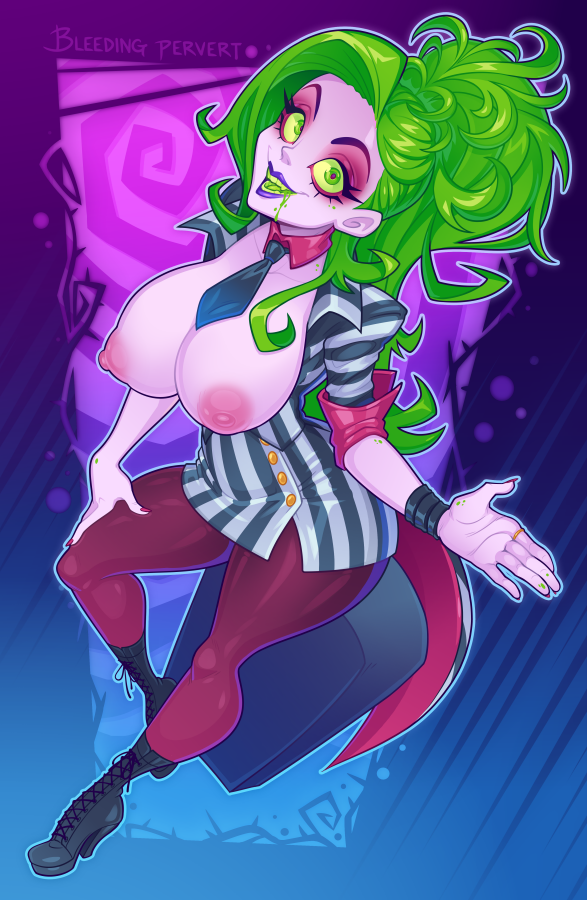 beetlejuice beetlejuice_(character) betelgeuse bleedingpervert boots breasts_out busty female female_focus genderswap green_eyes green_hair high_heel_boots hourglass_figure pinup pinup_pose pose posing rule_63 tagme tim_burton tombstone wide_hips