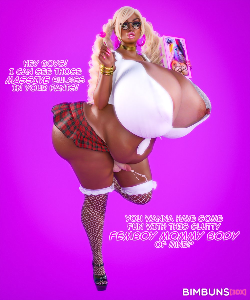 1boy, 3d, amajo (bimbuns), ass, big lips, bimbo, blonde hair, breasts, crossdressing, cum, dark skin, english text, femboy, girly, huge ass, hyper breasts, large breasts, makeup, male, male only, male with breasts, penis, queen of spades, sissy, skirt, small penis, text, trap