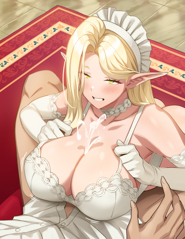 big_breasts blonde_hair blush clothed_paizuri cum cumshot elena_(kkamja) elf female green_eyes kkamja maid_headdress male male_human/female_elf original paizuri pointy_ears smiling