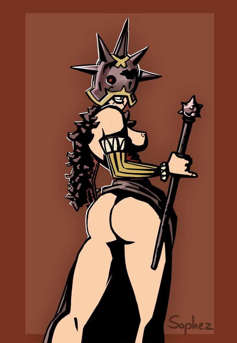 ass circus darkest_dungeon female flashing helmet hidden_eyes hidden_face medieval ringmaster ringmaster_(darkest_dungeon) skirt skirt_lift skirt_up sophez