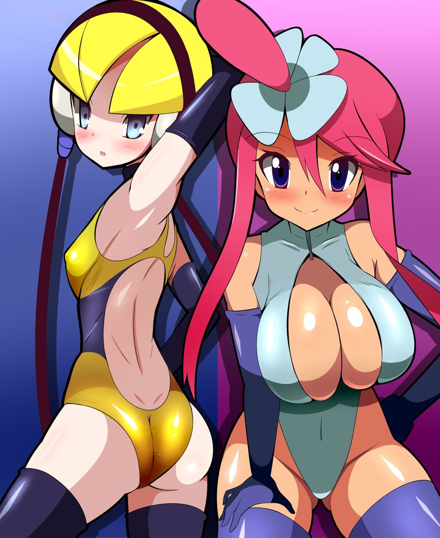 2girls blush breasts butt_crack elesa_(pokemon) elesa_(pokemon_bw) female female_only game_freak gloves gym_leader halubato keyhole leotard looking_at_viewer looking_back nintendo nipples_visible_through_clothing one-piece_swimsuit pokemon pokemon_bw skyla_(pokemon) swimsuit thick_thighs thighhighs turtleneck