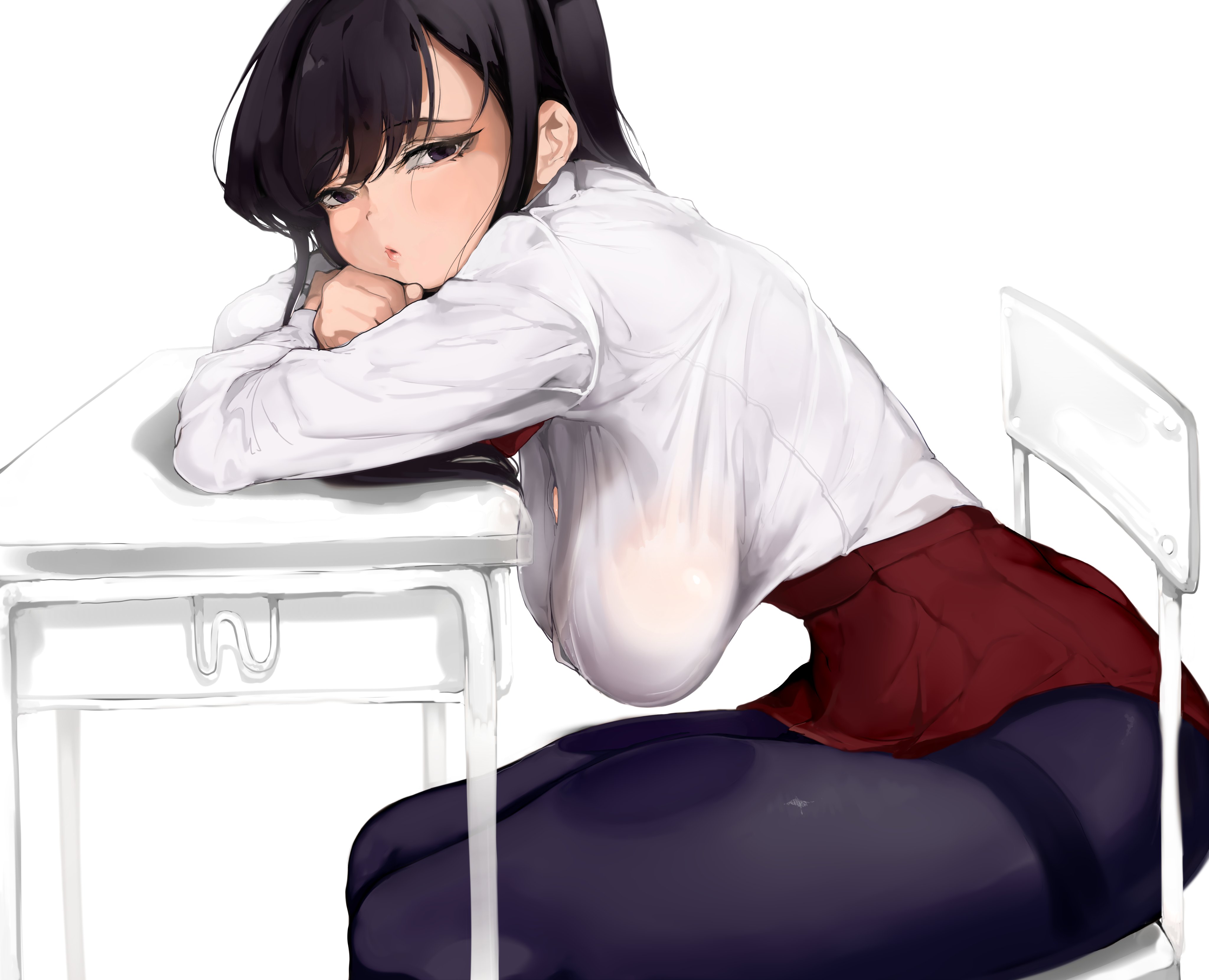 ..., 1girls, black hair, breasts, clothed, clothing, erect nipples, female, female focus, female only, fully clothed, half-closed eyes, hanging breasts, heart, komi shouko, komi-san wa komyushou desu, large breasts, light skin, light-skinned female, long hair, mamimi (mamamimi), nipples, no bra, on desk, pantyhose, pussy, sagging breasts, school uniform, see-through, skirt, solo