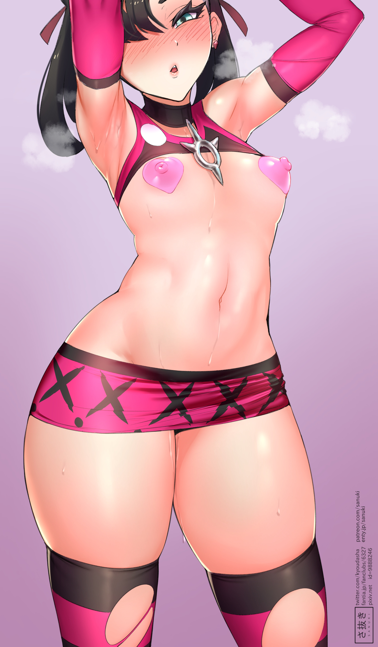 1girls, armpits, black hair, blue eyes, blush, breasts, covered nipples, curvy figure, eye contact, female, gloves, gym uniform, hair ribbon, heart pasties, looking at viewer, marnie (pokemon), miniskirt, nintendo, pokemon, pokemon ss, sanuki (kyoudashya), skirt, small breasts, solo, standing, sweat, text, thick thighs, thigh gap, thighs, twintails, url