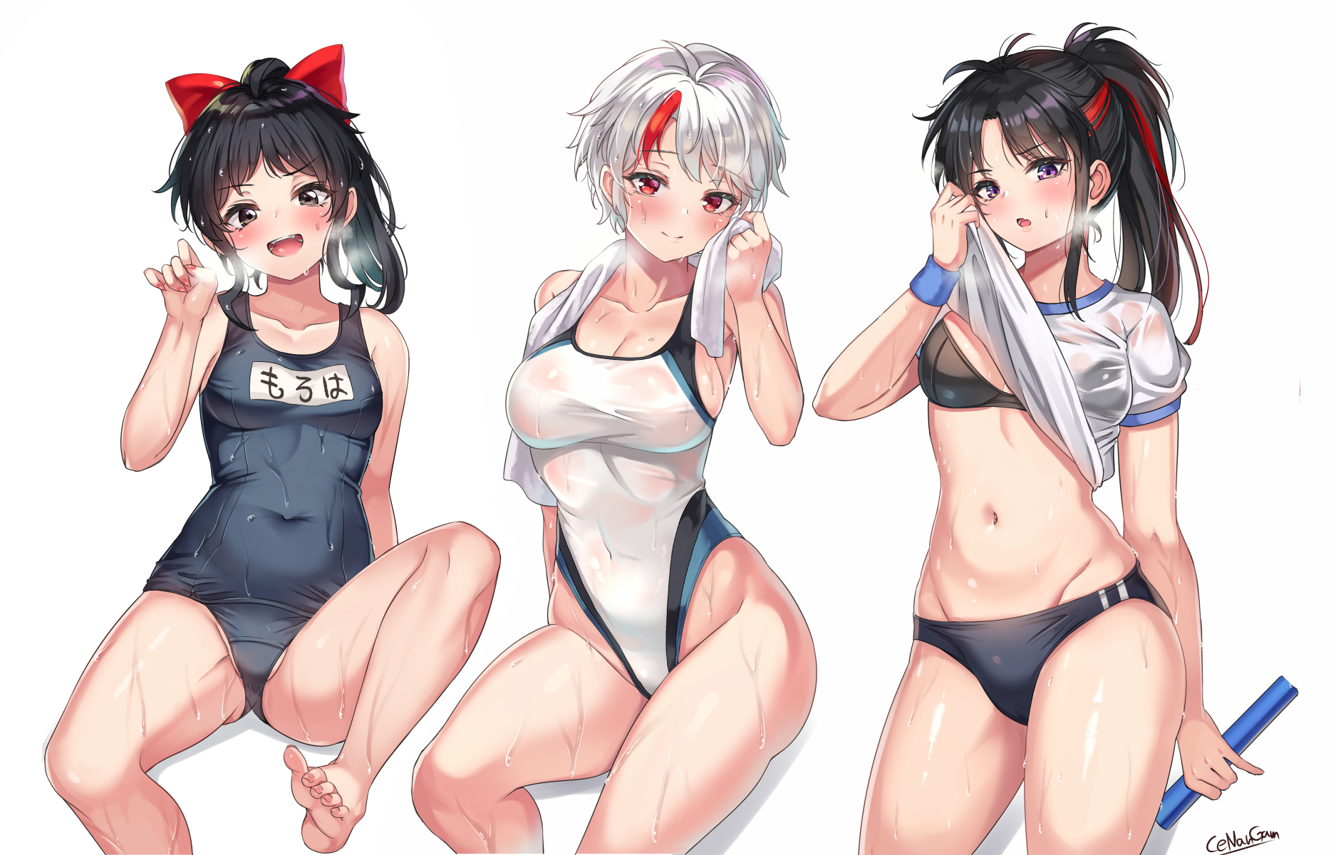big breasts, black hair, black panties, bra, breasts, cenangam, clothing, female, inuyasha, moroha, one-piece swimsuit, panties, setsuna (yashahime), small breasts, sweating, swimsuit, towa higurashi, white hair, yashahime: princess half-demon