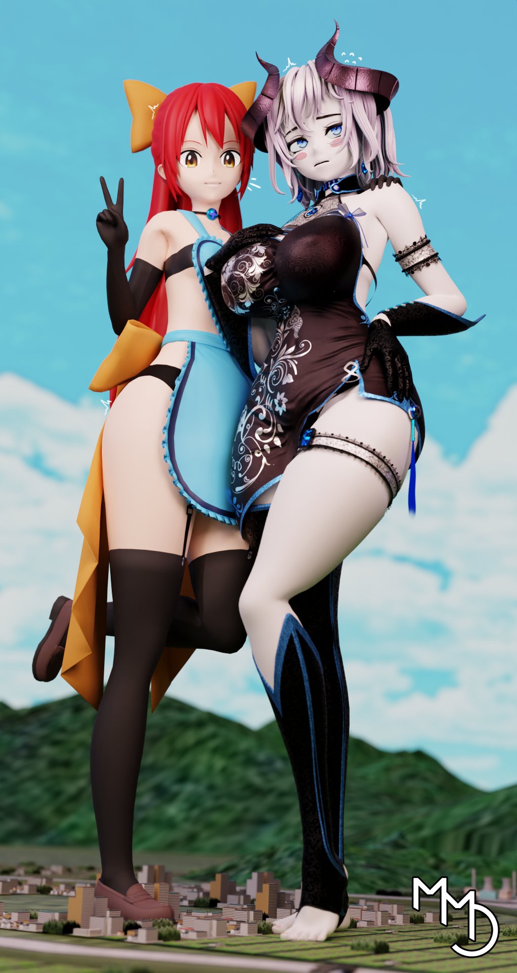 2girls 3d 3d_(artwork) alice_(mmdelight) alice_pirum apron big_breasts breasts city clothed clothed_female dress embarrassed female female_focus female_only giantess happy horns light-skinned_female light_skin mmdelight multiple_females original original_characters peace_sign small_breasts thick_thighs thighs