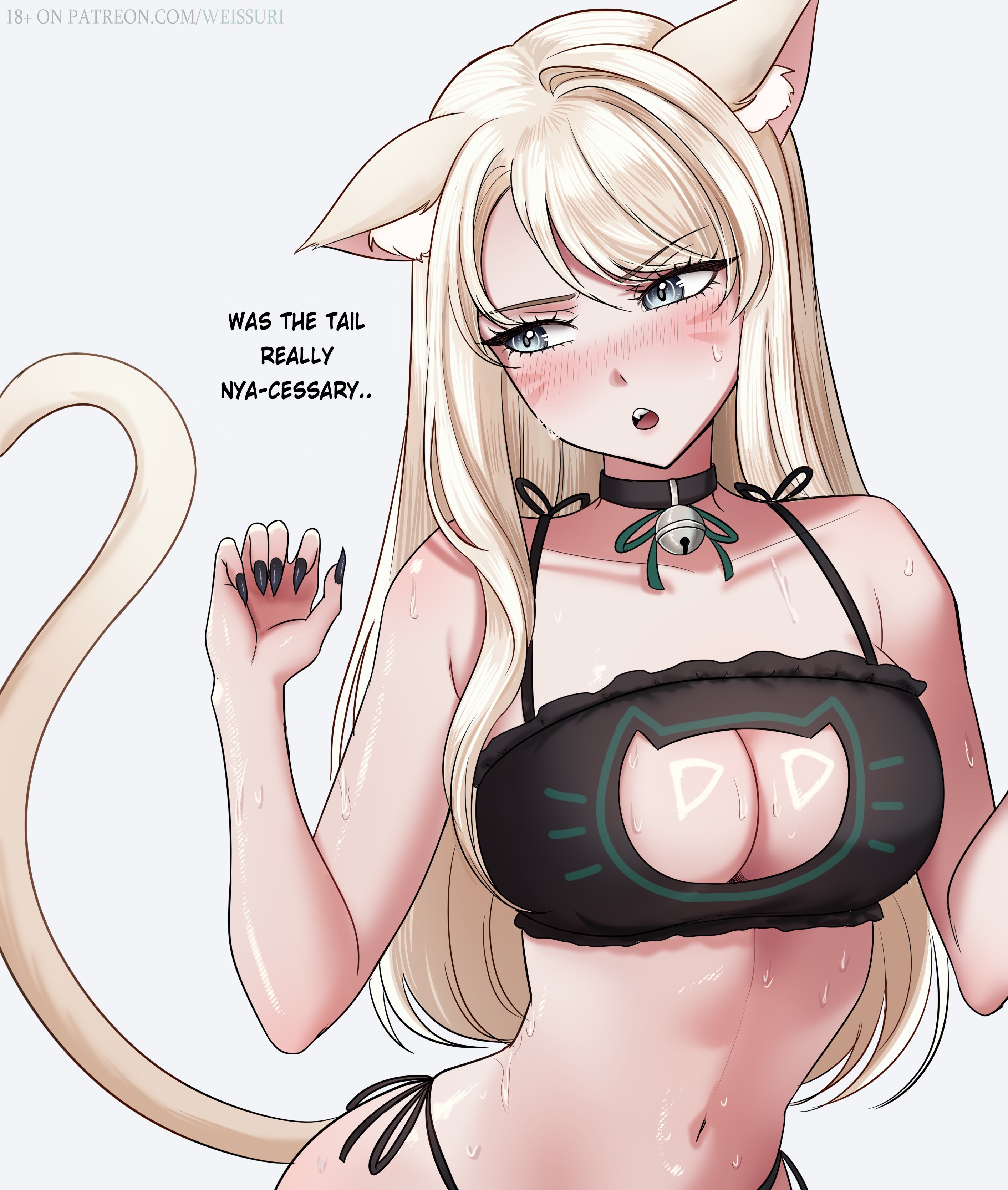 1girls, artist request, breasts, buttplug tail, cat cutout, claw pose, draco malfoy, draco malfoy (redteneri), female, female focus, female only, funny, genderswap, harry potter, large breasts, light skin, light-skinned female, looking at viewer, rule 63, side-tie bikini bottom, solo, thick thighs, thighs, uncomfortable, wide hips