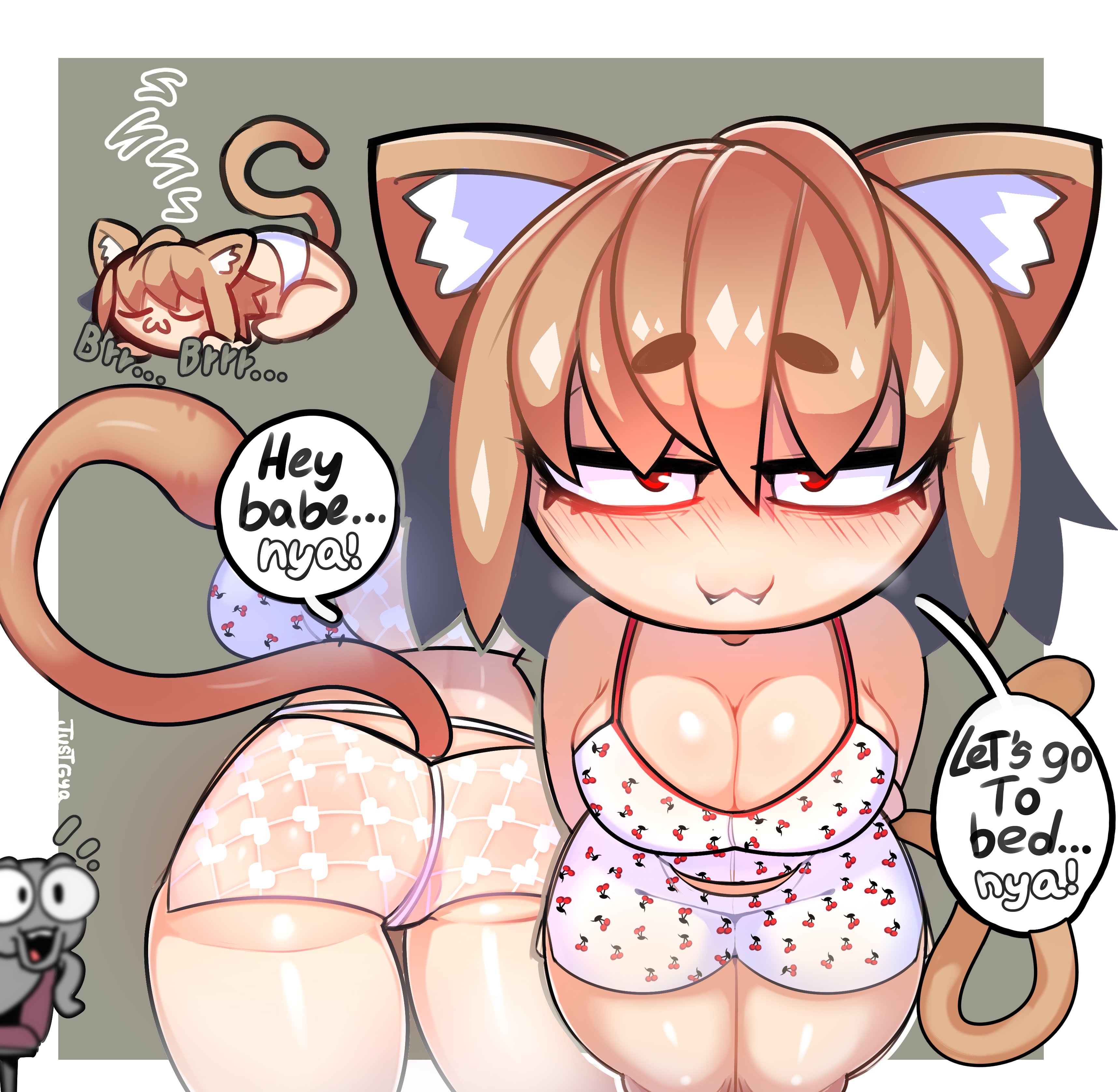 1boy, 1girls, 2024, 2d, ass, big breasts, blonde hair, breasts, cat ears, cat tail, catgirl, cleavage, english text, feline, female, hair, justgya, kemonomimi, light skin, light-skinned female, looking at viewer, male, melty blood, multiple images, neco-arc, pajamas, red eyes, solo, tail, text, tsukihime, type-moon
