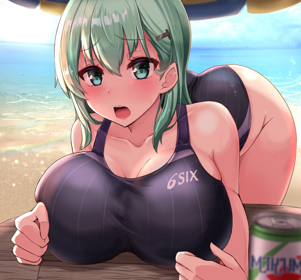 1girls beach bending_over big_ass big_breasts blush cute female green_eyes green_hair huge_ass huge_breasts kantai_collection kihou_no_gotoku_dmc large_breasts open_mouth suzuya_(kantai_collection) swimsuit thick thick_thighs voluptuous