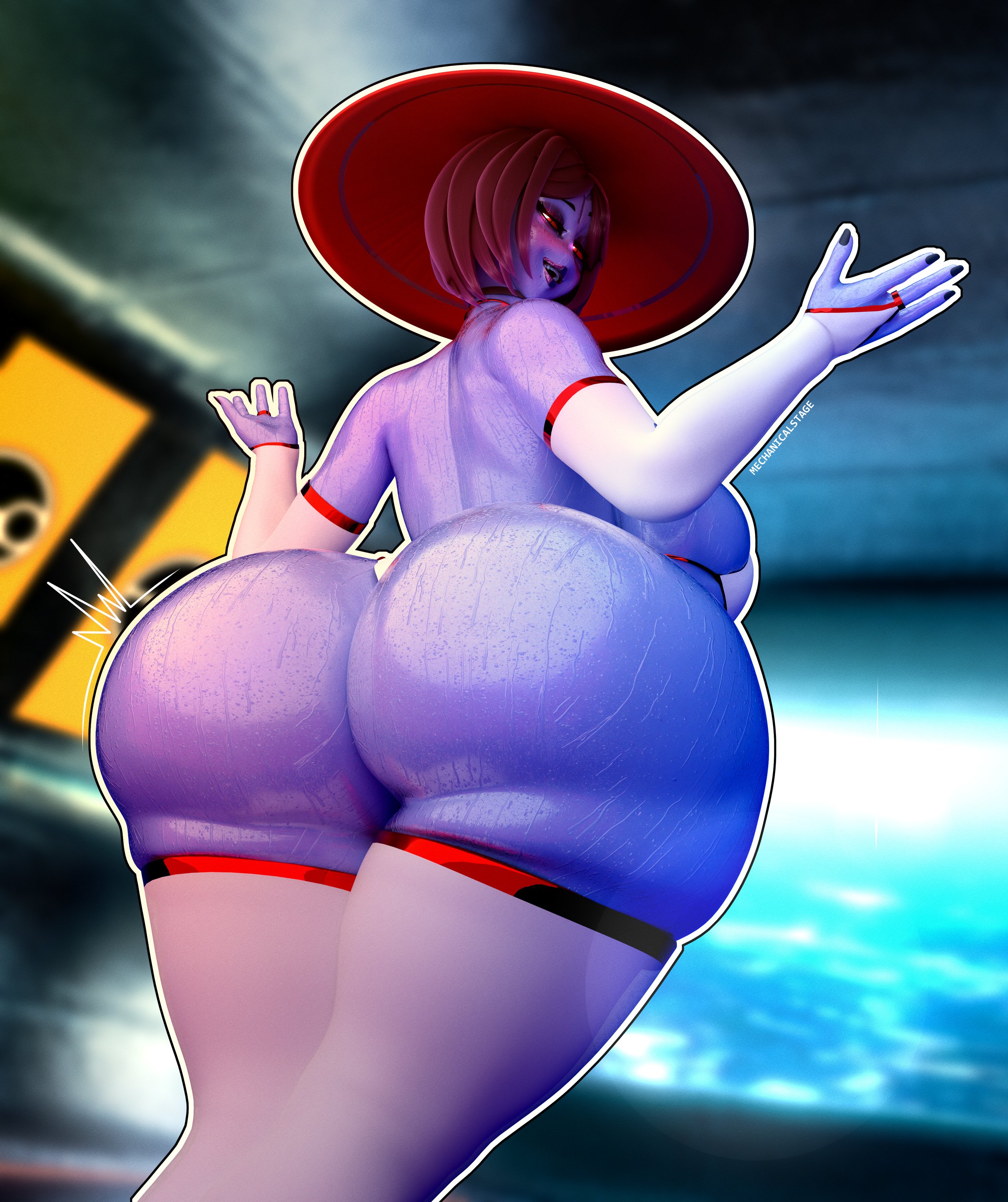 1girl, 1girls, 3d, 3d (artwork), alien, alien girl, alien humanoid, armwear, ass, big ass, big breasts, bikini, bikini bottom, bikini top, black choker, blue skin, blue-skinned female, breasts, choker, curvaceous, curvaceous figure, curvy, curvy body, curvy female, curvy figure, elbow gloves, female, female focus, female only, from below, games workshop, hair, hat, hi res, high quality, high resolution, highres, hips, humanoid, kino (tonka kryga), large ass, large breasts, legwear, looking at viewer, looking back, looking back at viewer, looking down, looking down at viewer, low-angle view, mechanicalstage, motion lines, red eyes, red hair, red sclera, redhair, redhead, redhead female, short hair, sideboob, skindentation, solo, solo female, solo focus, spread arms, stockings, sweat, sweatdrop, sweating, sweaty, sweaty body, tau, tau (bysamzan), thick thighs, thighhighs, thighs, warhammer (franchise), warhammer 40k, wet, wet body, wet skin, white armwear, white bikini, white bikini bottom, white bikini top, white elbow gloves, white legwear, white stockings, white thighhighs, wide hips