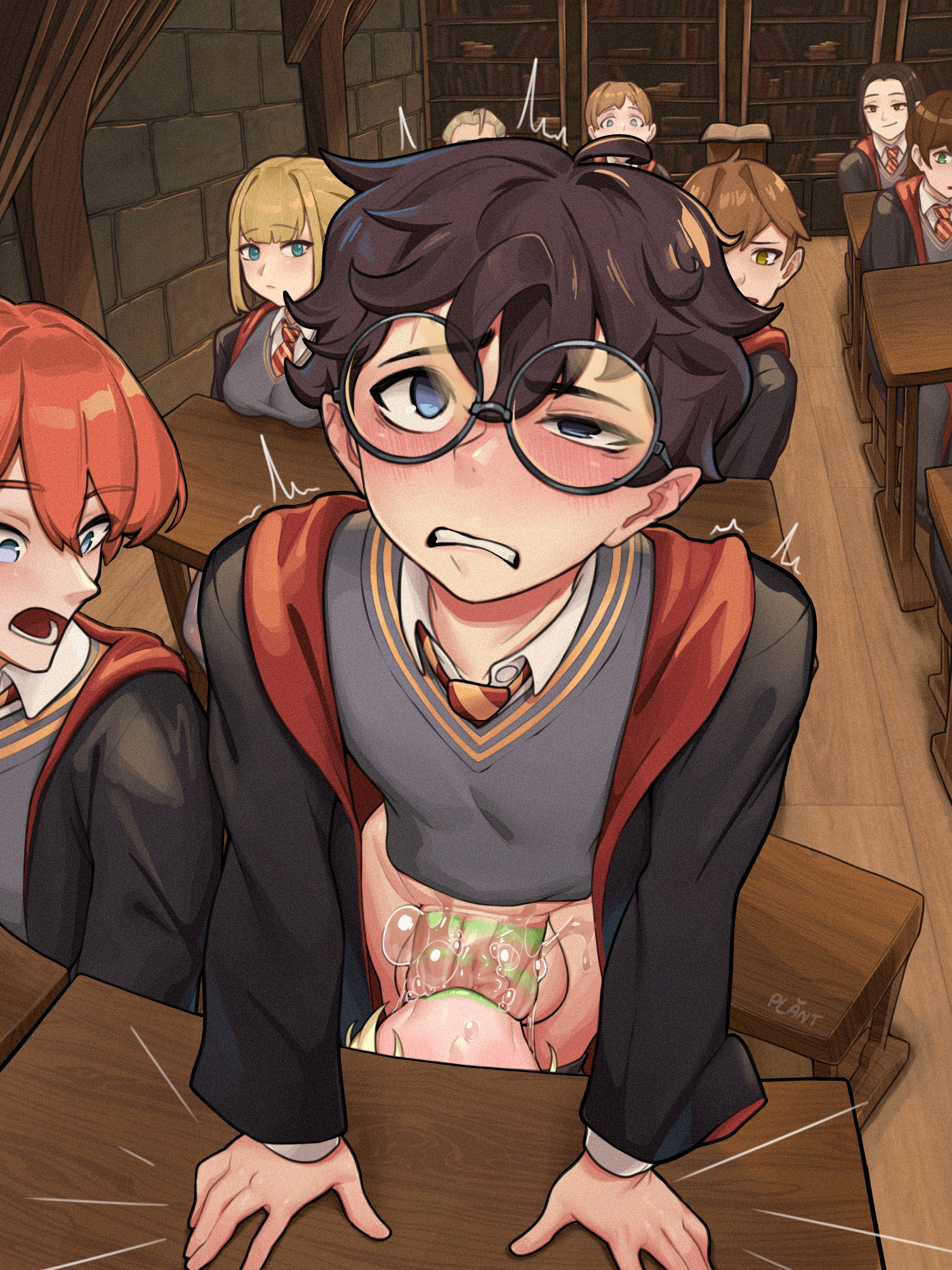 1boy, 1girls, 2d, 2d (artwork), blowjob, blowjob under table, deepthroat, draco malfoy, draco malfoy (redteneri), fellatio, female, genderswap, genderswap (mtf), glasses, harry james potter, harry potter, hi res, in public, light skin, light-skinned female, light-skinned male, male, male focus, oral, oral sex, penis, penis in mouth, planterak draws, public, public indecency, public sex, rule 63, school, school desk, school uniform, sloppy, sloppy blowjob, sloppy deepthroat, sucking, sucking penis, under the table, under the table blowjob, unseen face, unseen female face