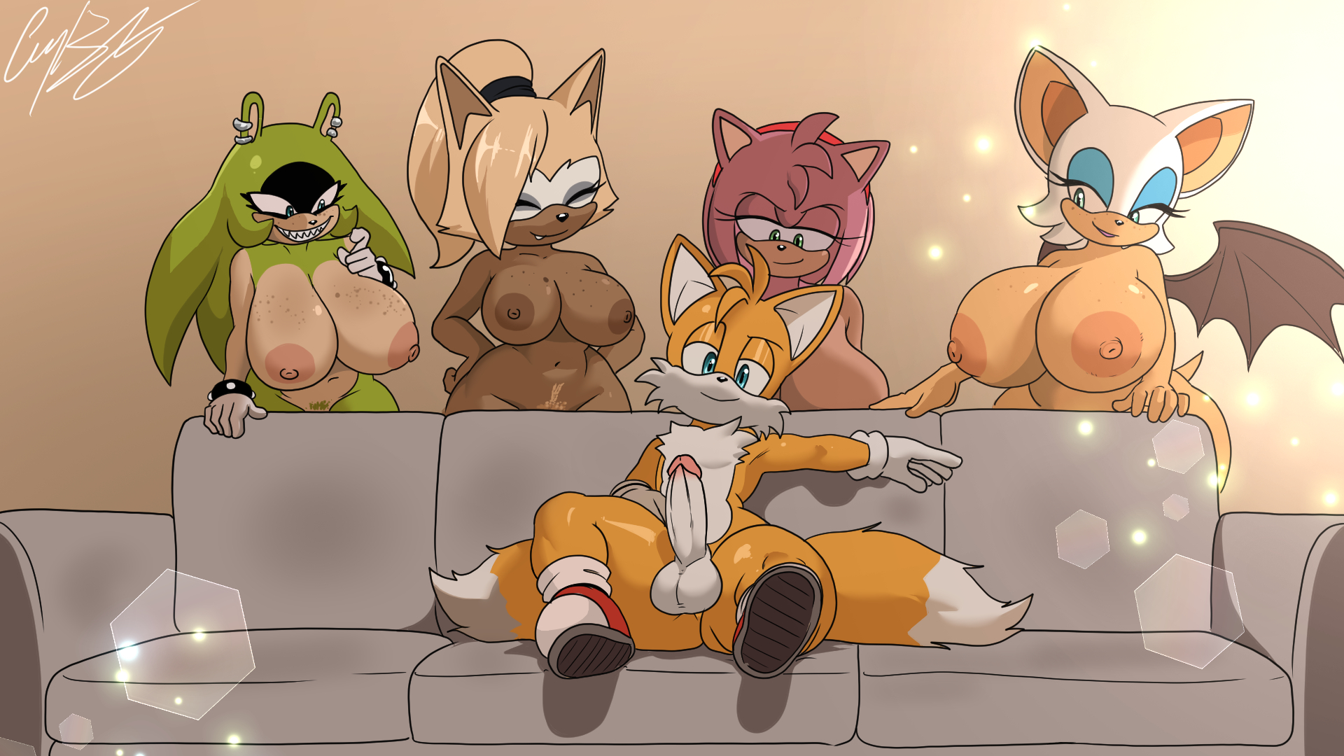 1boy, 4girls, amy rose, bat, blush, couch, cuernosblancos, female, fivesome, fox, harem, heart-shaped pupils, hedgehog, interspecies, male, massive breasts, multiple girls, rouge the bat, sega, sonic (series), sonic the hedgehog (series), surge the tenrec, tails, tails the fox, teamwork, thick lips, thick thighs, thin waist, tms entertainment, whisper the wolf, wide hips