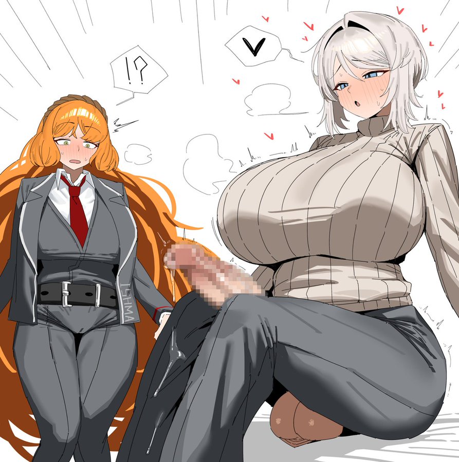 1futa, 1girls, big ass, big balls, blush, breasts bigger than head, censored, censored penis, faust (limbus company), fully clothed, futanari, horny, horny futa, huge breasts, huge cock, hung, hung futa, ishmael (limbus company), kitanamaro12, limbus company, long hair, mosaic censoring, penis awe, penis out, precum, project moon, shocked, shocked expression, short hair, sweat, sweatdrop, sweating, thick thighs, tie, turtleneck sweater, wide hips