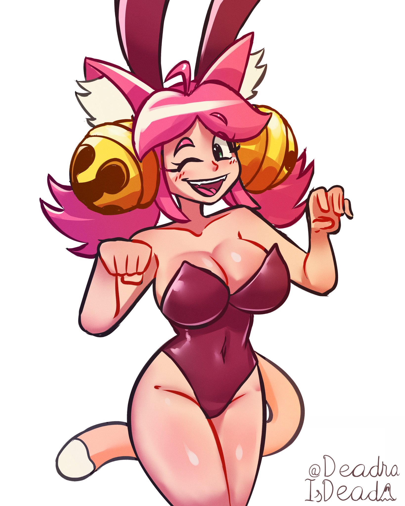 1girls, bells, bunny ears, bunny girl, bunnysuit, cat ears, cat tail, catgirl, cleavage, deadraisdead, deltarune, deltarune chapter 5, female, hair ornament, leotard, mad mew mew, pink (deltarune), pink hair, pose, solo, undertale (series), wink