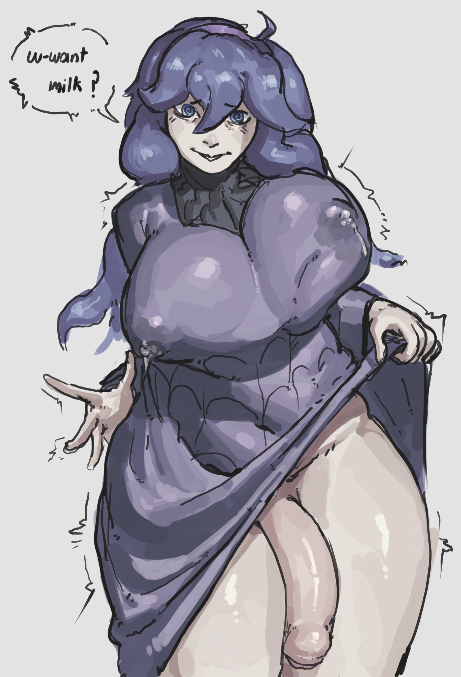 5 fingers, big breasts, breasts, bulge, bulge through clothing, closed mouth, closed mouth smile, clothed, clothes lift, clothing, clothing bulge, dialogue, digital media (artwork), dress, dress lift, dress only, english, english dialogue, english text, fasstart, feet out of frame, flaccid, flaccid penis, foreskin, futa focus, futa only, futa solo, futanari, hex maniac, hex maniac (pokemon xy), hex maniac (pokemon), human, human only, large breasts, light skin, light-skinned futa, light-skinned futanari, lips, long hair, nipple bulge, nipples, nipples visible through clothing, nose, npc, npc trainer, occult maniac, occult maniac (pokemon), pale skin, pale-skinned futa, penis, pokemon, pokemon trainer, pokemon xy, purple dress, purple eyes, purple hair, shiny, shiny skin, skirt lift, smile, solo, solo focus, solo futa, speech bubble, text, text bubble, thick thighs, thighs