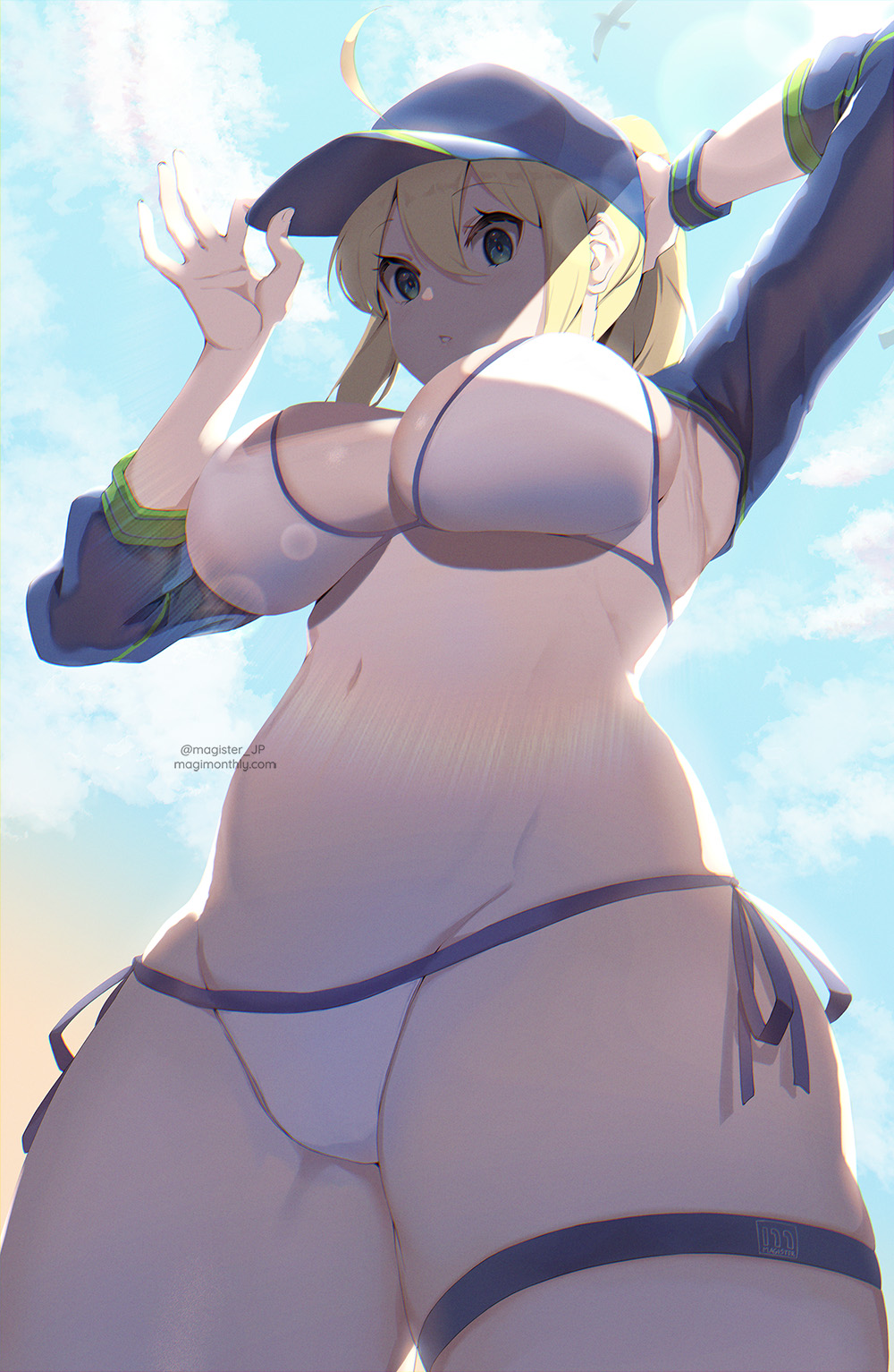 armpits, arms up, artoria pendragon, baseball cap, big breasts, bikini, blonde hair, blue eyes, breasts, curvy, fate (series), fate/grand order, female, huge breasts, looking at viewer, looking down, looking over breasts, magister (bigbakunyuu), midriff, mysterious heroine x, mysterious heroine xx (foreigner), side-tie bikini, sun, underboob