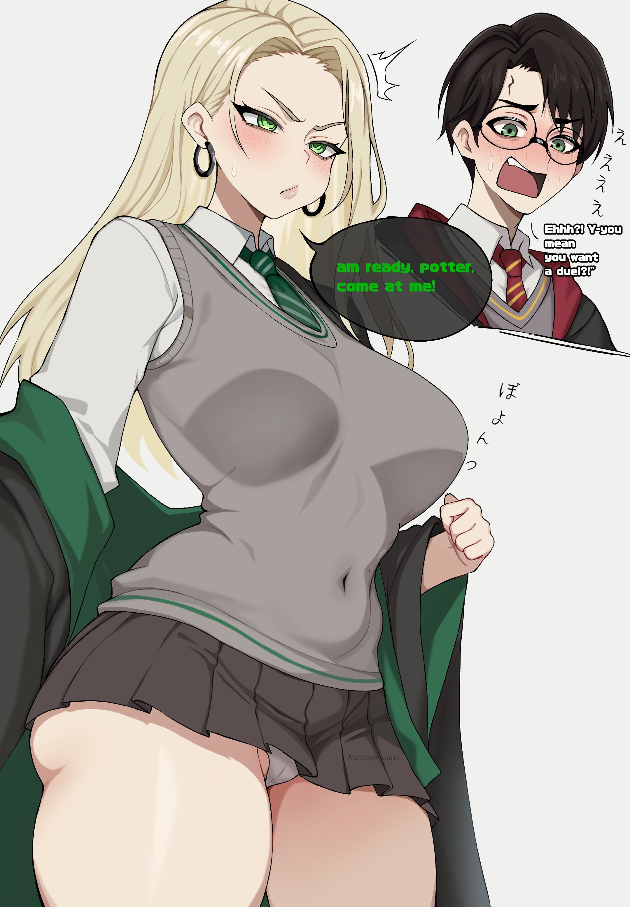 1boy, 1girls, breasts, draco malfoy, draco malfoy (redteneri), female, female focus, genderswap, girls, harry james potter, harry potter, harutoyumaarts, hi res, large breasts, light skin, light-skinned female, looking at viewer, rule 63, thick thighs, thighs, wide hips