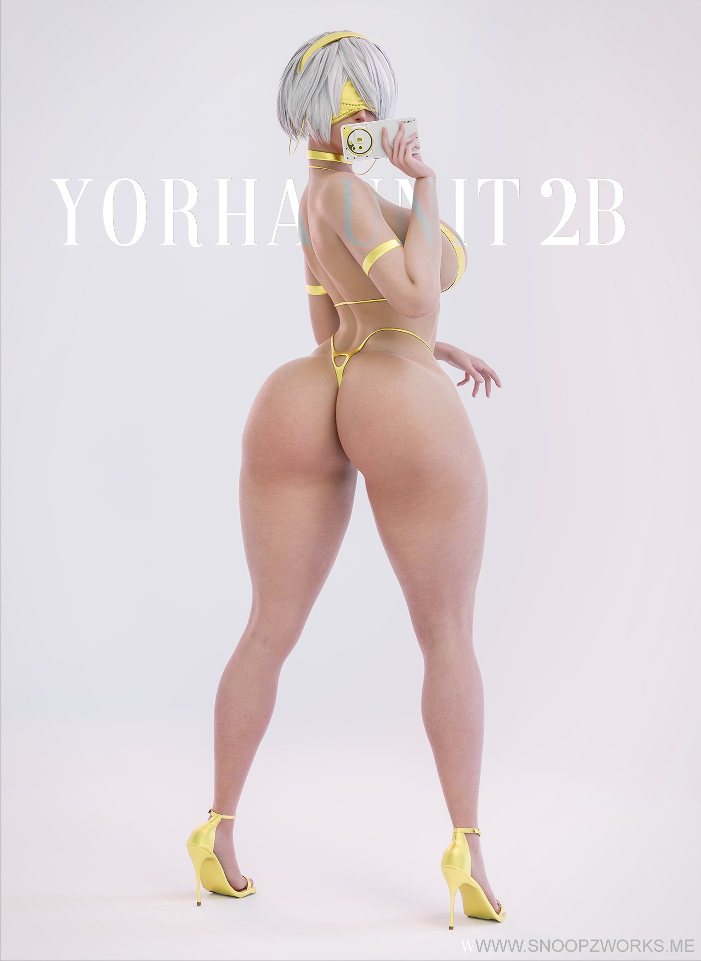 1girls, 2026, 3d, alternate breast size, alternate breast size (larger), ass, back view, big ass, big breasts, bikini, breasts, choker, curvaceous, curvy, curvy body, curvy female, curvy figure, earrings, female, female only, full body, gold bikini, high heels, holding, holding object, holding smartphone, hoop earrings, keyd10iori, light skin, light-skinned female, looking at viewer, looking back, nier (series), nier: automata, phone, short hair, smartphone, snoopz, solo, solo female, standing, swimsuit, taking picture, thick thighs, visor (eyewear), voluptuous, voluptuous female, white hair, wide hips, yorha 2b