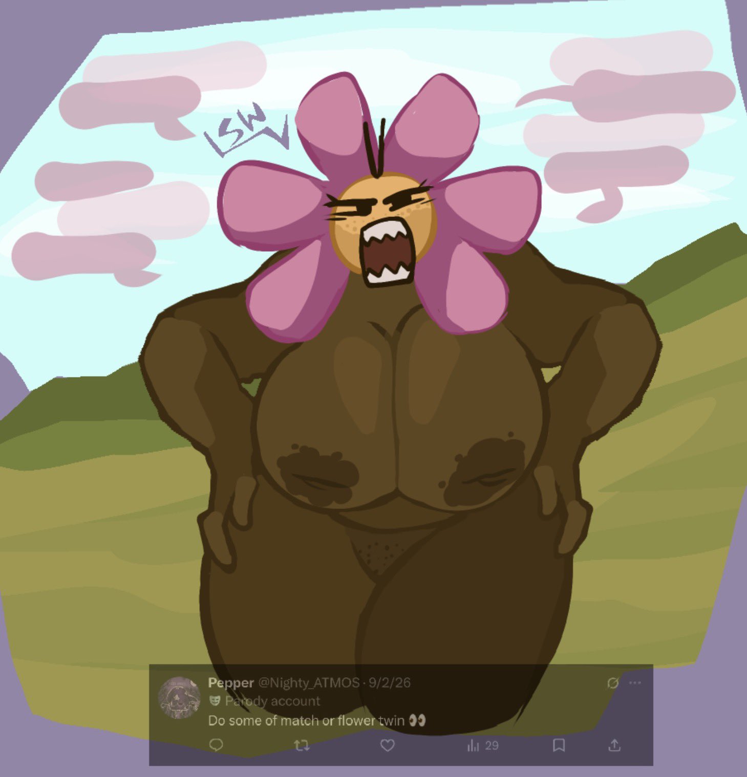 alternate version at source, angry, angry expression, angry face, battle for dream island, big areola, big ass, big breasts, big nipples, breasts, chubby, chubby female, dark body, female, flower (bfdi), hand on hip, looking at viewer, naked, naked female, nude, nude female, object head, object shows, pubic stubble, puffy nipples, pussy, pussy stubble, shaved pussy, sw, thick thighs, vagina