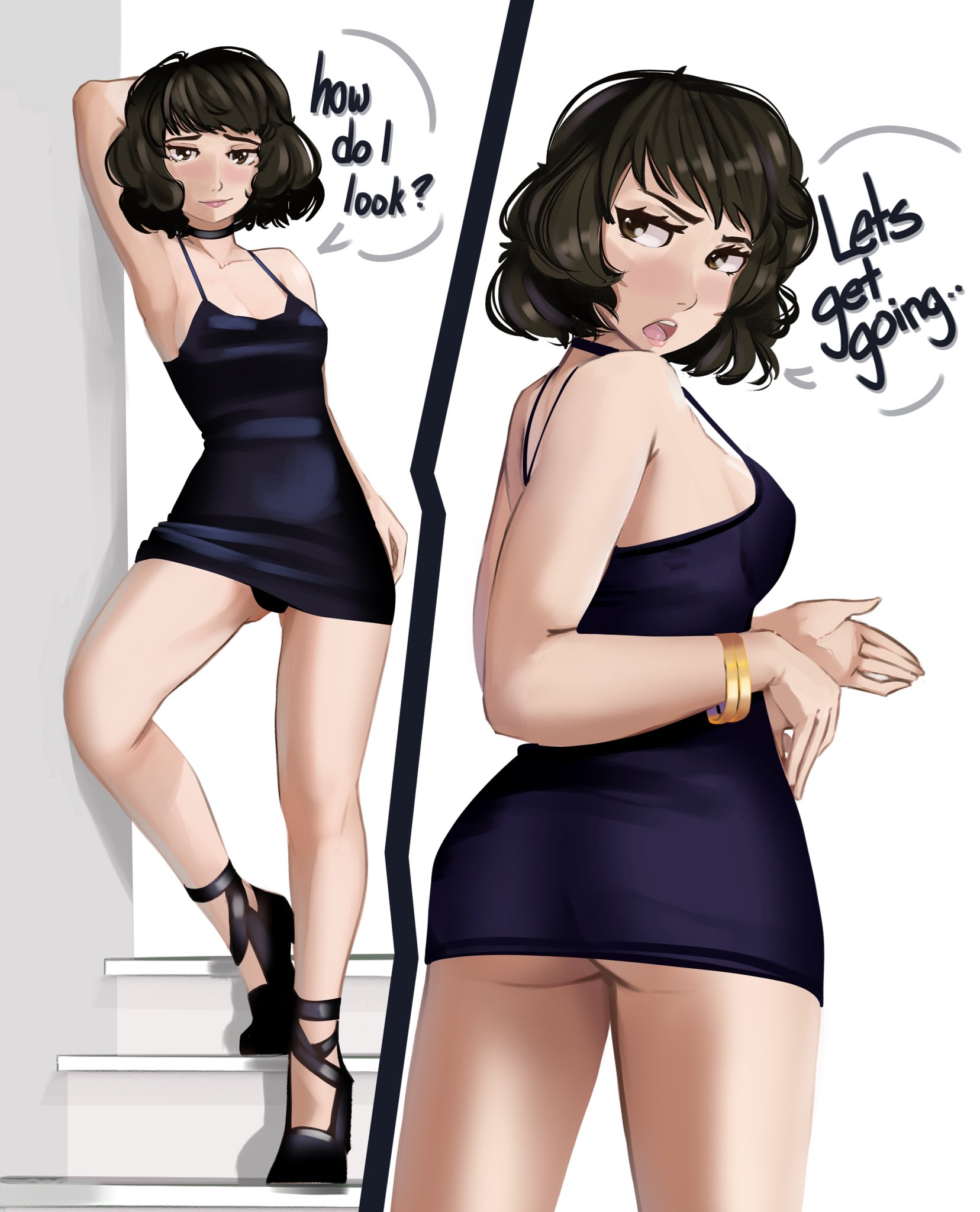 1girls, alternate costume, alternate version available, arm behind head, armwear, ass, ass cleavage, atlus, black dress, black hair, blysill, bracelet, breasts, brown eyes, cleavage, dress, english, english text, female, female only, footwear, full body, hair, heels, high heels, legs, looking back, mature, mature female, mature woman, persona, persona 5, pose, posing, sadayo kawakami, sega, short dress, short hair, small breasts, solo, solo female, speech bubble, text, thighs