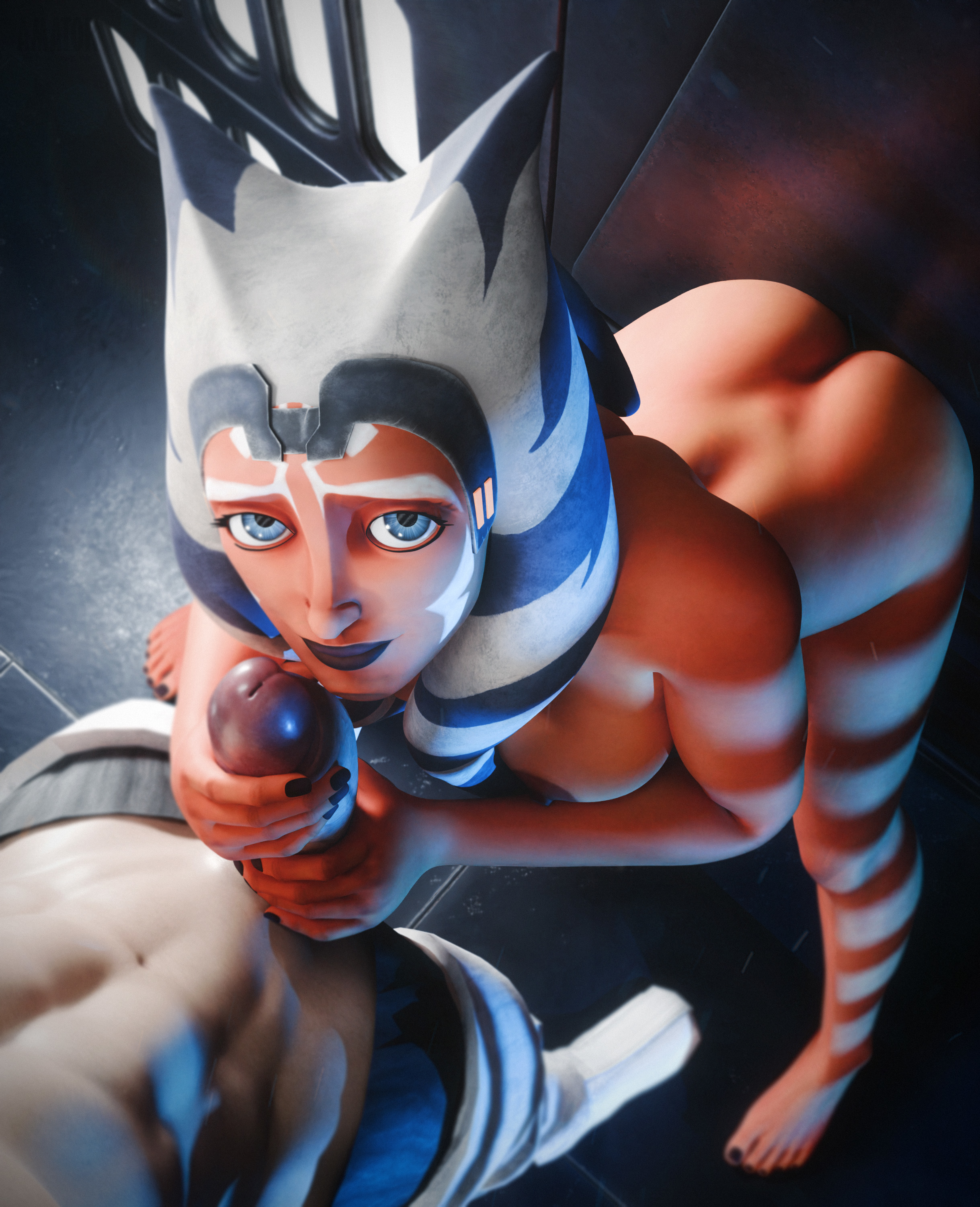 1boy, 1boy1girl, 1girls, 2026, 3d, 3d (artwork), against surface, against wall, ahsoka tano, alien, alien girl, alien humanoid, amatornsfw, areola, areolae, armor, ass, athletic, athletic female, bending forward, bending over, big ass, blender, blue eyes, breasts, clone trooper, clone wars, dark areola, dark areolae, dark nipples, erect penis, erection, face markings, faceless character, faceless male, facial markings, hand around penis, handjob, hands on penis, hi res, high quality, high resolution, highres, horny, horny female, horny male, human, interspecies, leaning, leaning forward, lekku, lekku (anatomy), light skin, light-skinned male, looking at viewer, lucasfilm, male, male/female, medium breasts, muscular, muscular male, nipples, orange body, orange skin, orange-skinned female, penis, penis out, smile, smiling, star wars, stroking, stroking cock, stroking penis, the clone wars: season seven, thick ass, thick thighs, togruta, unseen male face