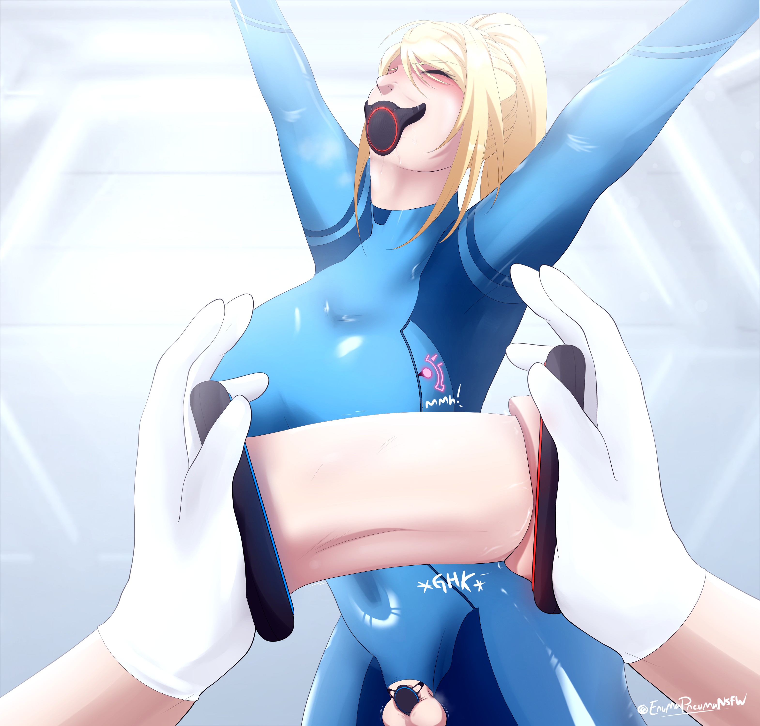 1futa, angry expression, autofellatio, bondage, deepthroat, enumapneumansfw, erection, fellatio, forced autofellatio, forced oral, futanari, futasub, gagged, gagged female, helpless, metroid, penis, portal, portal (object), portal sex, restrained, samus aran, zero suit samus