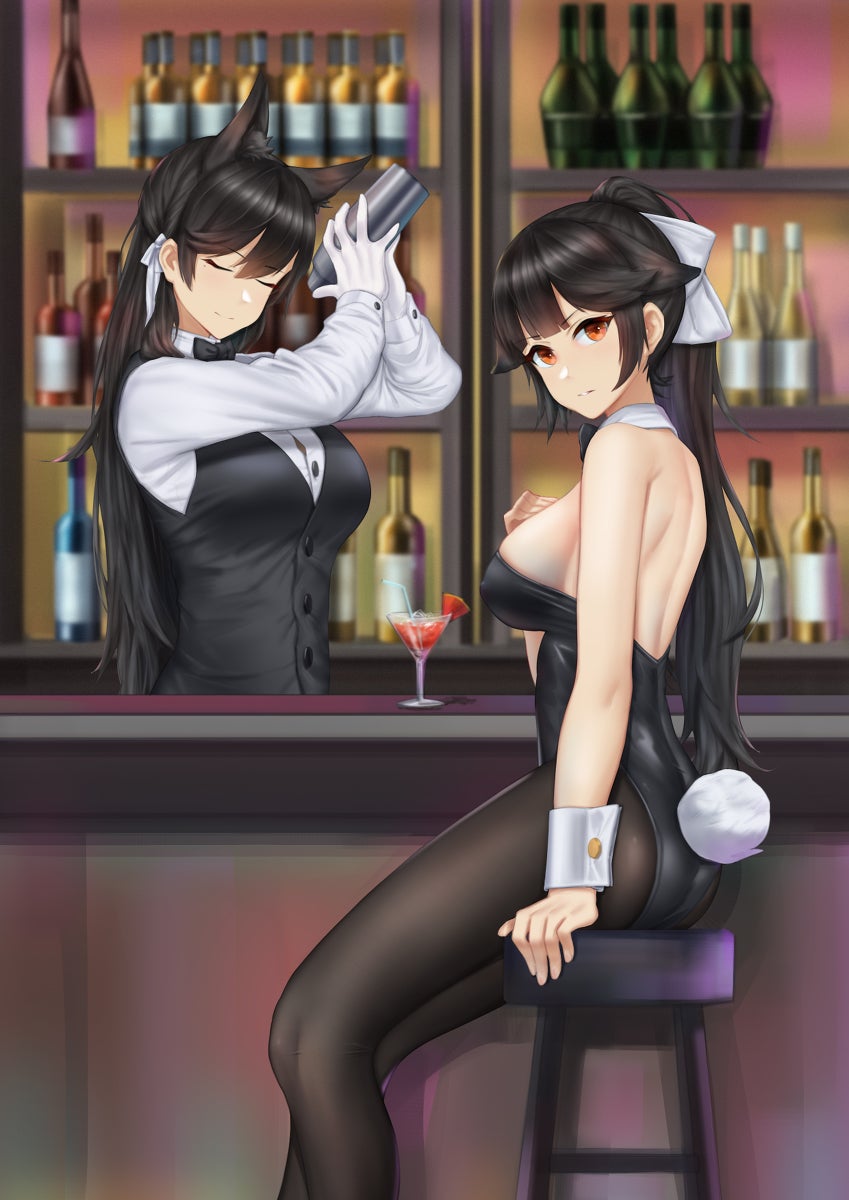 2girls, animal ears, atago (azur lane), azur lane, black hair, bunny ears, bunny girl, bunnysuit, female, long hair, multiple females, multiple girls, pantyhose, takao (azur lane)