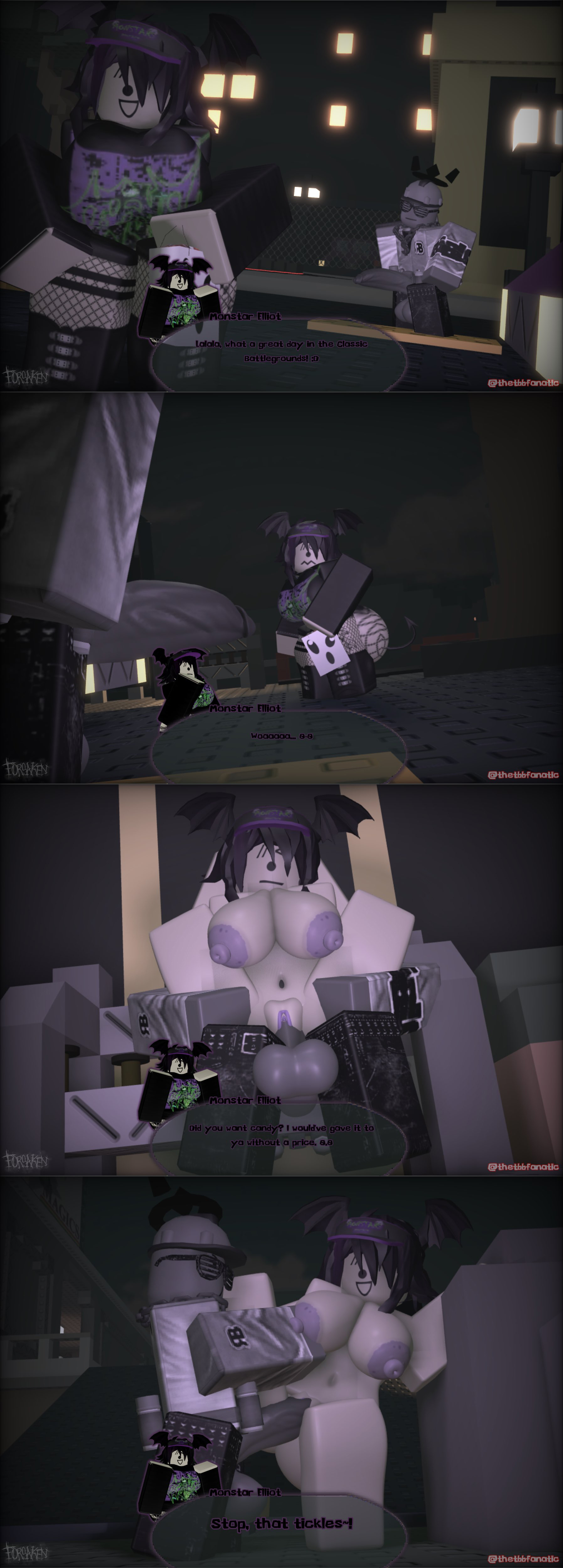 1boy, 1girls, 3d, 3d model, 3d render, against wall, amazed, areola, areola bulge, areolae, arms behind head, big ass, big breasts, black sweater, blocky body, boobs, breasts, builderman (forsaken), candy, clothed male, comic, comic strip, dialogue, dialogue bubble, elliot (forsaken), emo, emo girl, english, english text, fat ass, fishnet legwear, fishnets, forsaken (roblox), full nelson, goth, goth girl, grey pants, grey sweater, greyscale body, halloween, halloween theme, hard hat, holding breast, huge ass, huge breasts, impressed, in awe, large breasts, legs apart, legs held open, looking at penis, monstar merchant (forsaken), naked female clothed male, nelson pose, nipple bulge, nipples, purple hair, pussy, raising leg, roblox, roblox game, robloxian, smiling, standing on one leg, standing sex, sweater, tbbfanatic, teasing, tits, vagina, vaginal, vaginal insertion, vaginal penetration, vaginal sex, visor cap, y2k builderman