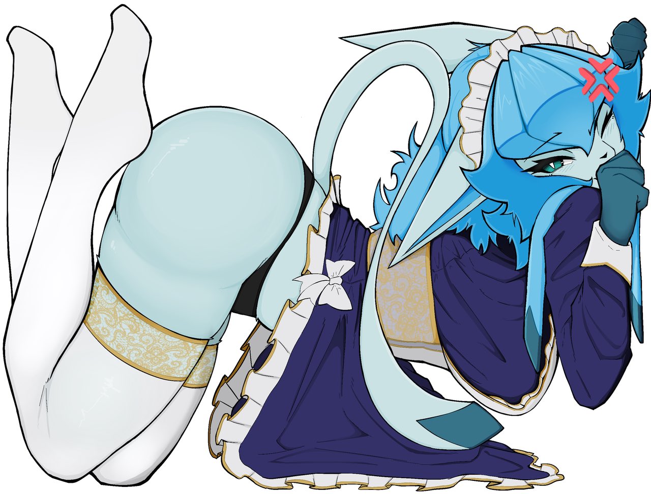 1girl, 1girls, 2026, 2d, 2d (artwork), 2d artwork, angry, angry expression, angry face, anthro, anthro focus, anthro only, ass, ass up, big ass, big boobs, big booty, big breasts, big butt, blue body, blue hair, blue skin, blush, blushing, blushing at viewer, blushing female, boobs, booty, breasts, butt, clothed, clothing, cramped, cute, digital drawing (artwork), digital media (artwork), eeveelution, eyebrows, eyelashes, eyeshadow, female, female focus, female only, female pokemon, game freak, generation 4 pokemon, glaceon, hi res, highres, hot, laying, laying on stomach, legwear, looking at viewer, maid, maid headdress, maid outfit, maid uniform, newishmoon, nintendo, panties, pokemon, pokemon (species), sexy, simple background, solo, solo female, solo focus, stockings, stuck, sweat, sweatdrop, sweating, tail, uncomfortable, uncomfortable pose, white background, wholesome