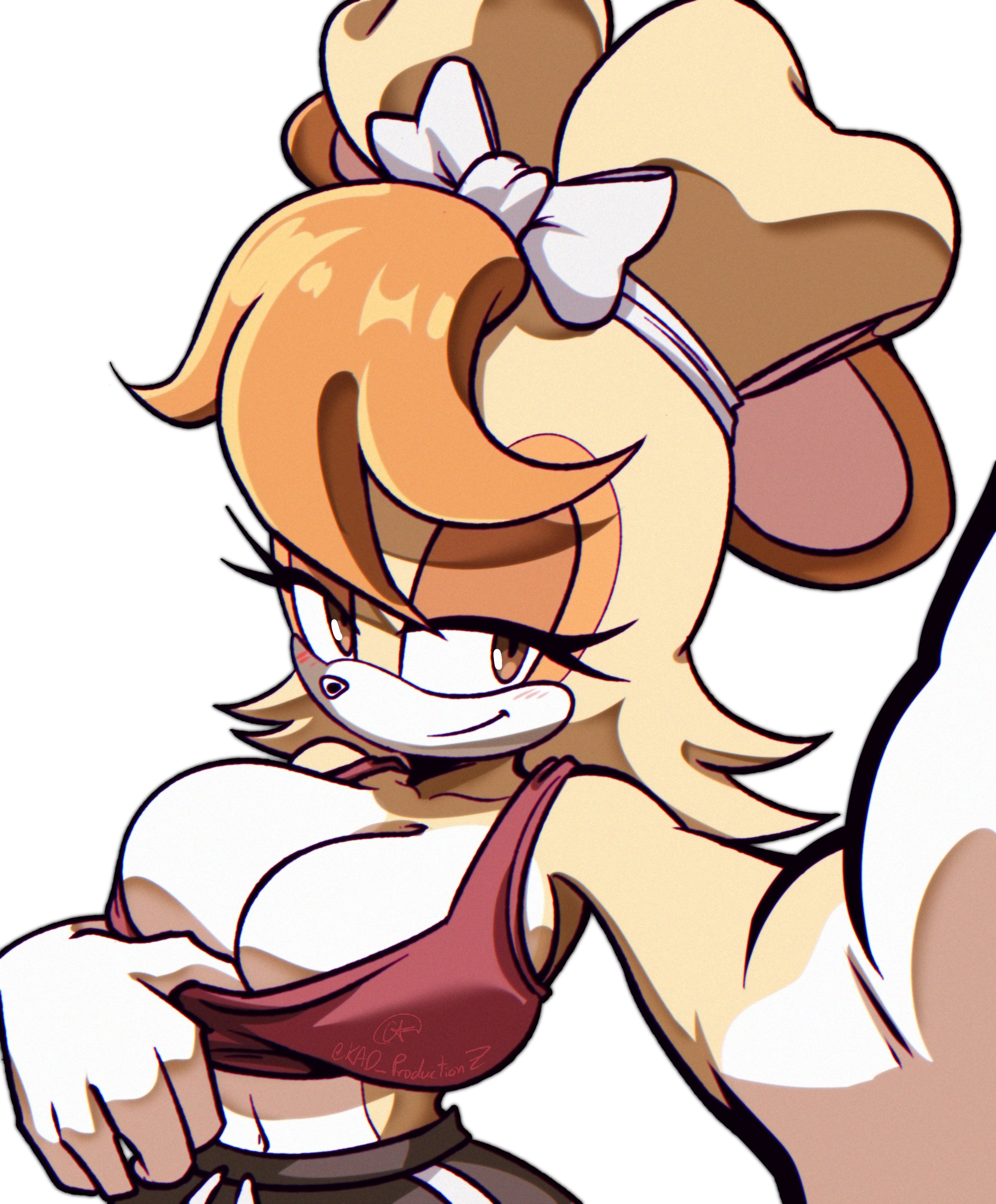 1girls, absurdres, animal nose, artist request, big breasts, blush, blush lines, blushing, breasts, brown eyes, brown eyeshadow, cleavage, clothes pull, collarbone, commentary, english commentary, eyeshadow, furry, furry female, hair tie, highres, looking at viewer, makeup, mature female, orange fur, pulling own clothes, rabbit girl, reaching, reaching towards viewer, red sports bra, sega, selfie, signature, sleeveless, sonic (series), sonic the hedgehog (series), sports bra, sportswear, tied ears, twitter username, vanilla the rabbit, white background