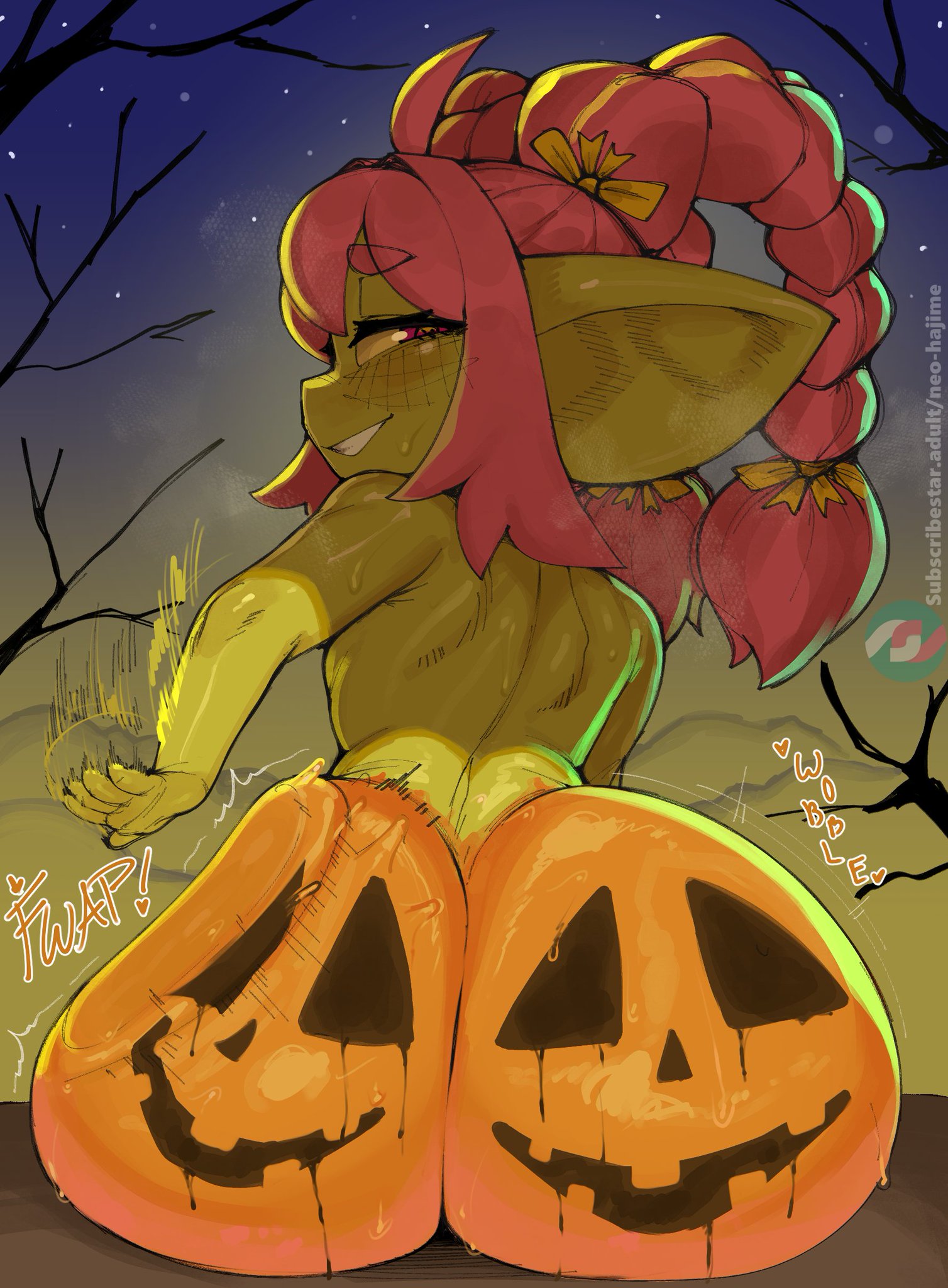 1girls, ass, ass ripple, big ass, blushing, body paint, breasts, butt, curvy, dumptruck ass, elf ears, fat ass, female only, goblin, goblin female, green skin, halloween, hi res, huge butt, jack-o'-lantern, large ass, looking back at viewer, neo hajime, nixi (athighhighguy), pink hair, pumpkin, short hair, sitting, slapping ass, small breasts, small waist, smiling, sweat, sweaty ass, sweaty body, teasing, thin waist, twintails, waist