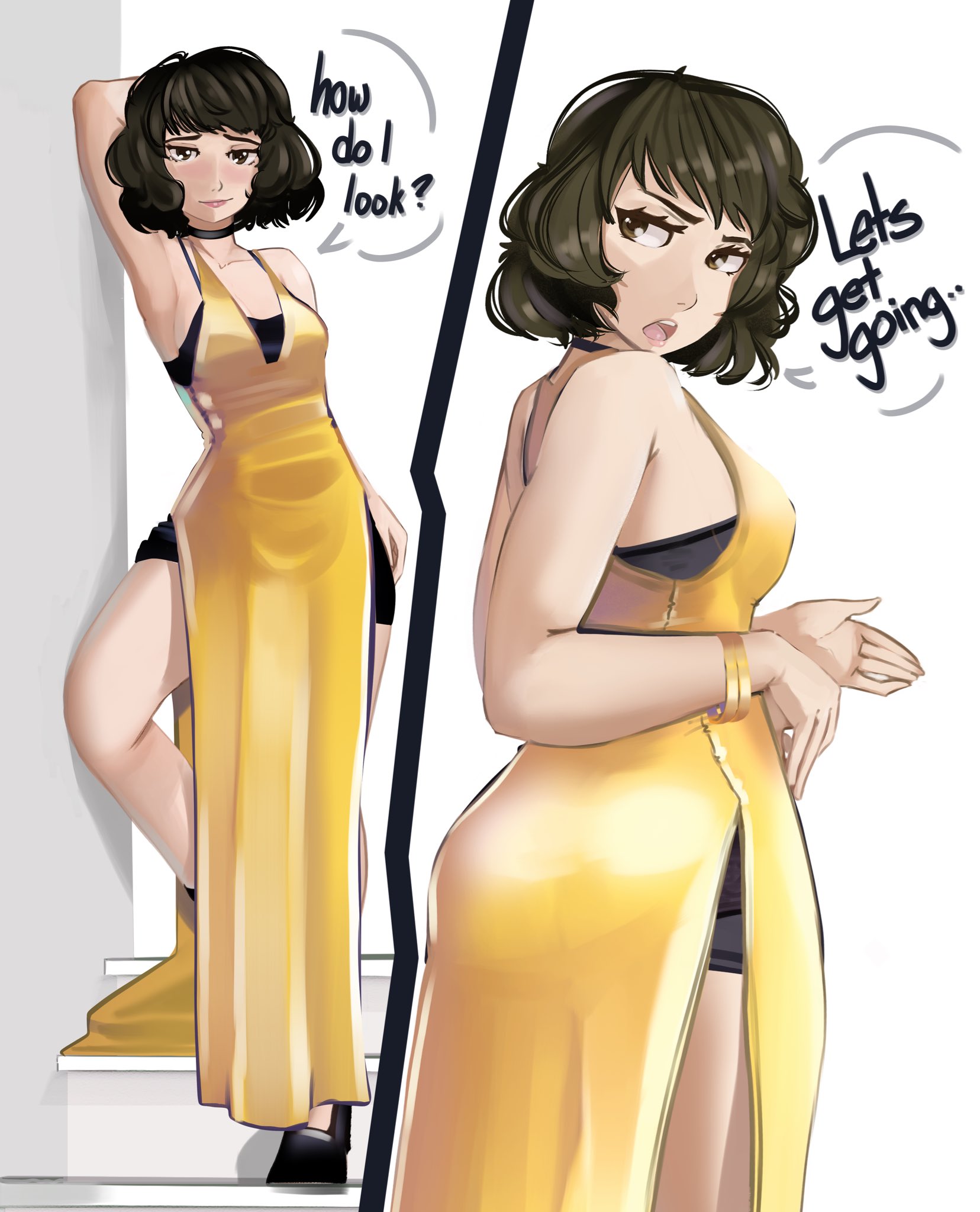 1girls, alternate version available, arm behind head, armwear, ass, atlus, black hair, blysill, bracelet, breasts, brown eyes, cleavage, dress, english, english text, female, female only, footwear, full body, hair, heels, legs, long dress, looking back, mature, mature female, mature woman, pelvic curtain, persona, persona 5, pose, posing, sadayo kawakami, sega, short hair, small breasts, solo, solo female, speech bubble, text, thighs, yellow dress