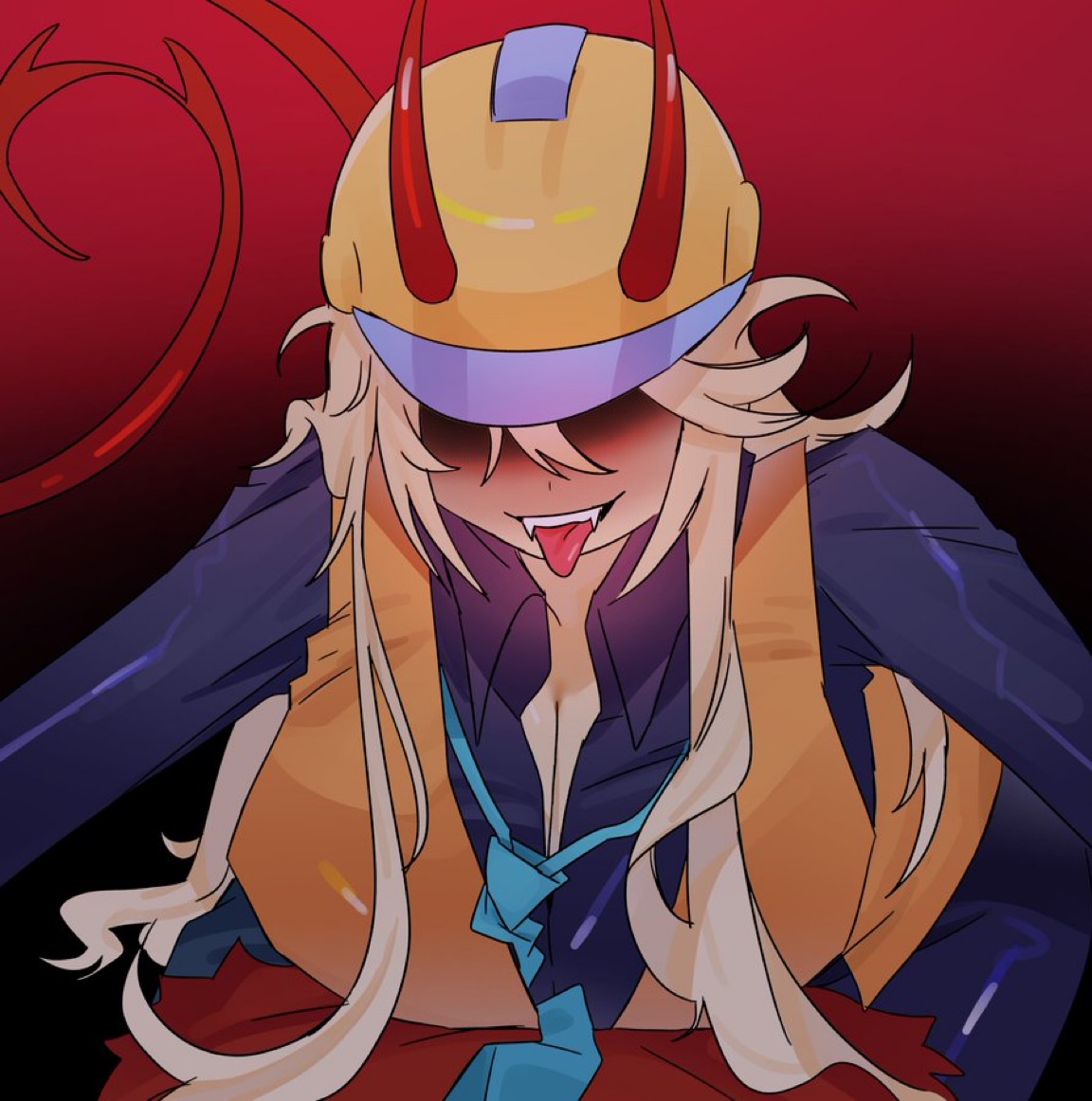 1girl, 1girls, 2d, 2d (artwork), 2d artwork, arms around partner, big breasts, black sweater vest, block tales, blonde female, blonde hair, breasts, builderman, builderman (block tales), builderwoman, cleavage, cleavage window, clothed, covered eyes, crossgender, eyes covered by shadow, fangs, female, female focus, female on top, genderswap, genderswap (mtf), hanging breasts, hatred (block tales), horns, horns through headwear, huge breasts, large breasts, long tail, mtf crossgender, no sex, not porn, orange vest, player (block tales), r63, red tail, roblox, roblox game, robloxian, rule 63, shadowed eyes, sticking out tongue, sticking tongue out, straddling, tagme (artist), tail, tail curl, undone necktie, undone tie, yellow skin, yellow skinned female