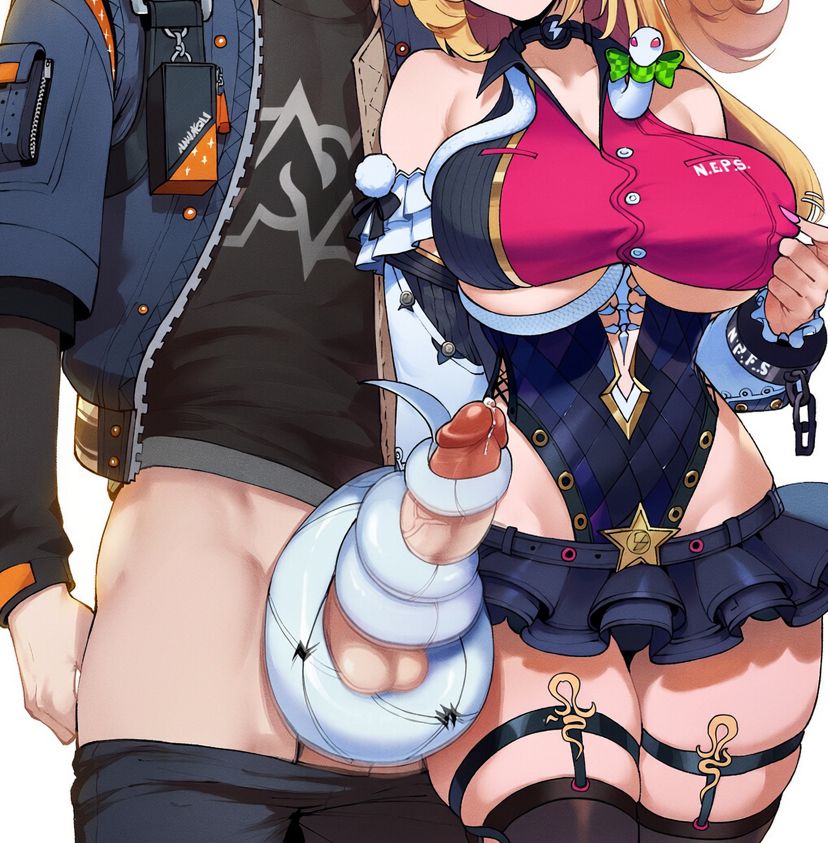 1girl1boy, ai generated, bare shoulders, blonde hair, cissia (zenless zone zero), codemistake, head out of frame, hip vent, microskirt, out of frame, pants pull, precum, snake girl, tail, tail around penis, tailjob, thigh strap, thighhighs, underboob, white tail, wise (zenless zone zero), zenless zone zero