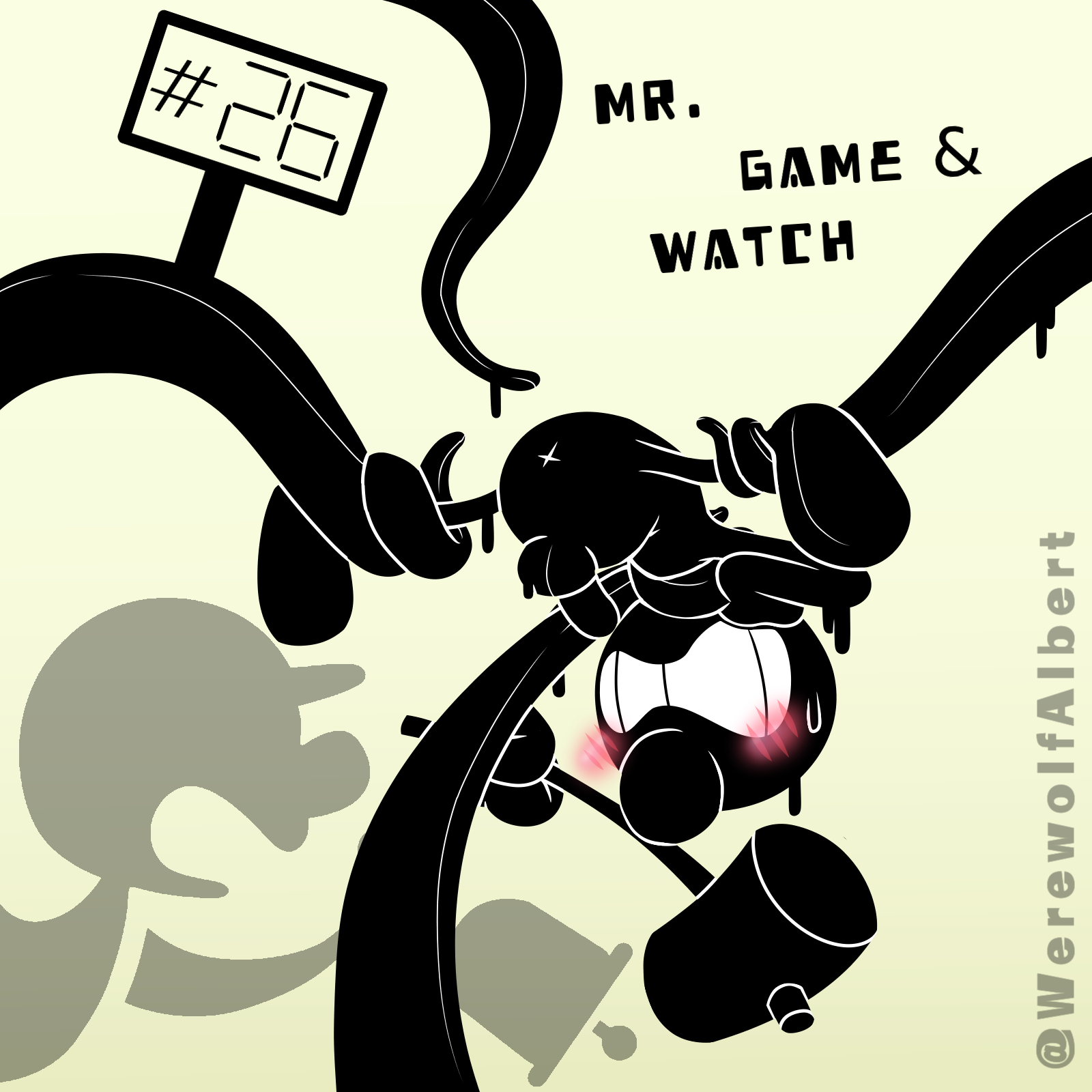 anus, balls, big nose, black and white, black and white body, black body, blush, forced, forced sex, game and watch, gay, grabbed, grabbing leg, grabbing legs, grabbing neck, grabbing object, hammer, hand on tentacle, male, male only, mr. game and watch, naked, nervous, nervous face, nervous sweat, numbers, octopus, octopus (g&w), penis, showing teeth, small balls, small penis, suffocation, suspended, suspended in midair, sweat, tentacle, tentacle around leg, tentacle around neck, tentacle on male, tentacle rape, tentacle sex, tentacle suspension, text, upside-down, violation, werewolf albert, x anus