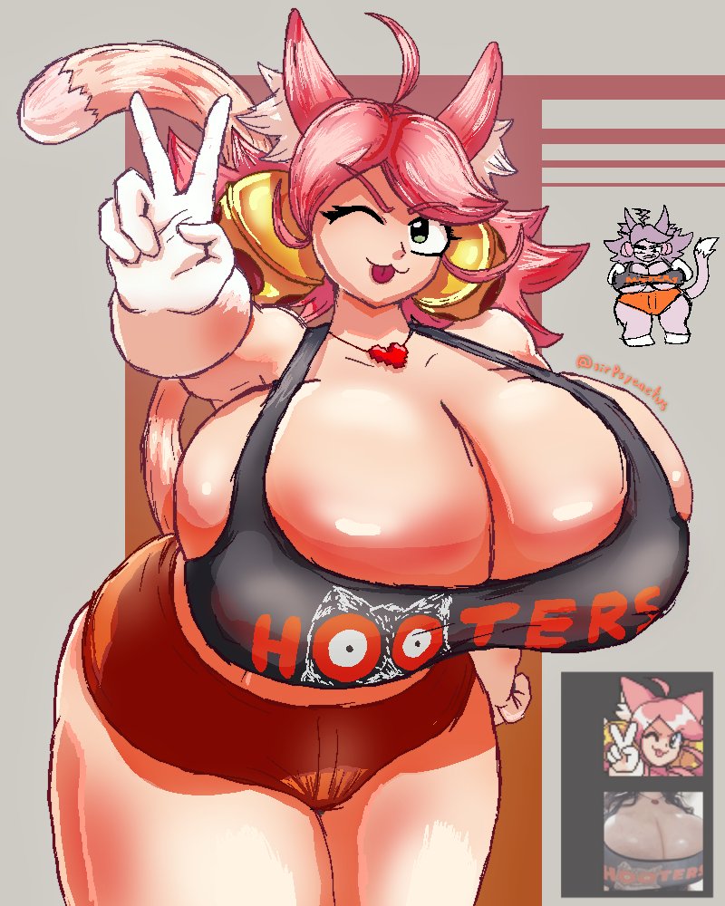 1girl, 1girls, big ass, big breasts, breasts bigger than head, breasts bigger than torso, busty, cat ears, cat tail, catgirl, cleavage, curvy, curvy figure, cute, deltarune, deltarune chapter 5, female, female only, gloves, green eyes, hooters, hooters uniform, huge ass, huge breasts, mad mew mew, massive ass, massive breasts, mew mew (undertale), overflowing breasts, peace sign, pink (deltarune), pink hair, tagme, tanookiprick, tongue, tongue out, undertale (series), v sign, wink