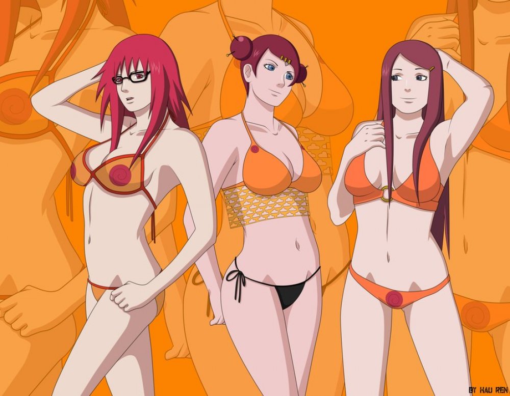 3girls, bangs, bare shoulders, bikini, blue eyes, breasts, cleavage, double bun, facial mark, female, female only, forehead mark, fully clothed, glasses, hair ornament, hairclip, hau ren, long hair, naruto, naruto (series), naruto shippuden, orange background, posing, purple eyes, red eyes, red hair, reflection, side-tie bikini, smile, string bikini, swimsuit, symbol, tied hair, uzumaki karin, uzumaki kushina, uzumaki mito, zoom layer