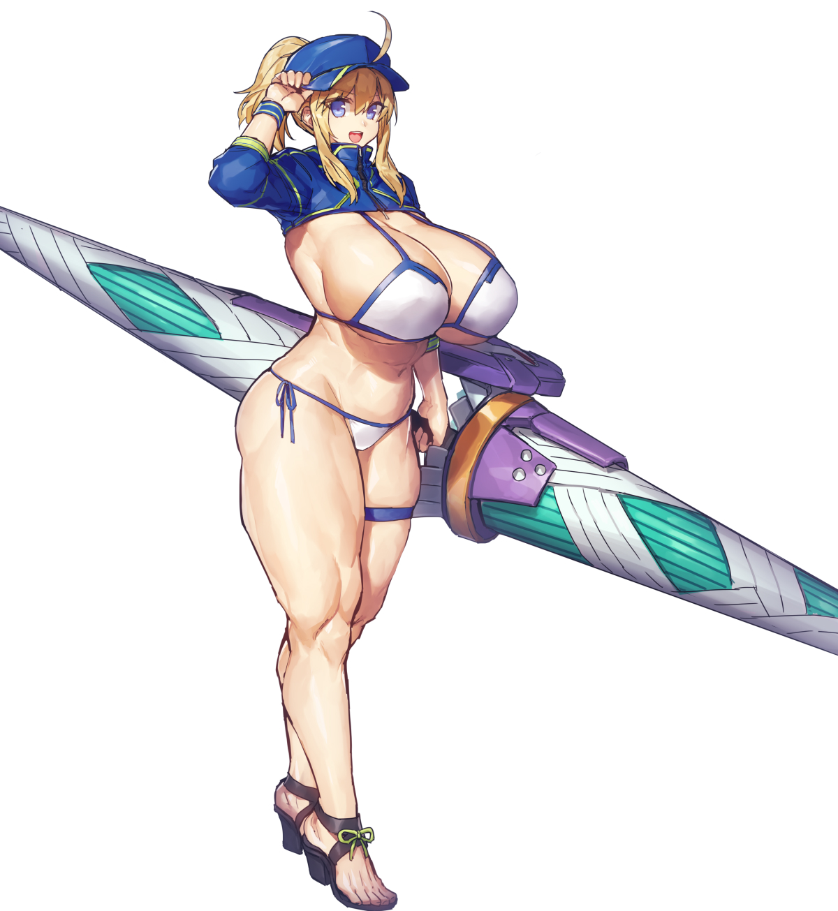 artoria pendragon, baseball cap, big breasts, bikini, blonde hair, blue eyes, breasts, curvy, fate (series), fate/grand order, female, huge breasts, looking at viewer, melon22, muscular, muscular female, muscular thighs, mysterious heroine x, mysterious heroine xx (foreigner), ponytail, side-tie bikini, spear, thick legs, thick thighs, weapon