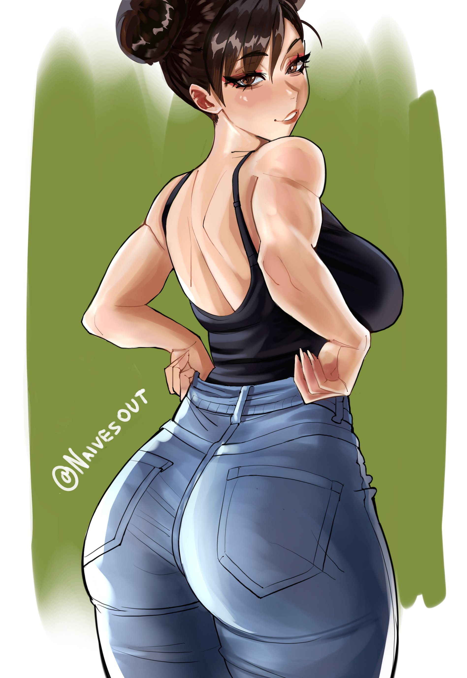 1girls, absurdres, artist name, ass, back, big breasts, big butt, black tank top, blue jeans, breasts, brown eyes, brown hair, capcom, chun-li, commentary, denim, double bun, english commentary, eyeshadow, female, female only, hair bun, highres, jeans, large breasts, looking at viewer, looking back, makeup, muscular, muscular female, naivesout, pants, pink eyeshadow, street fighter, tank top, twitter username, wide hips