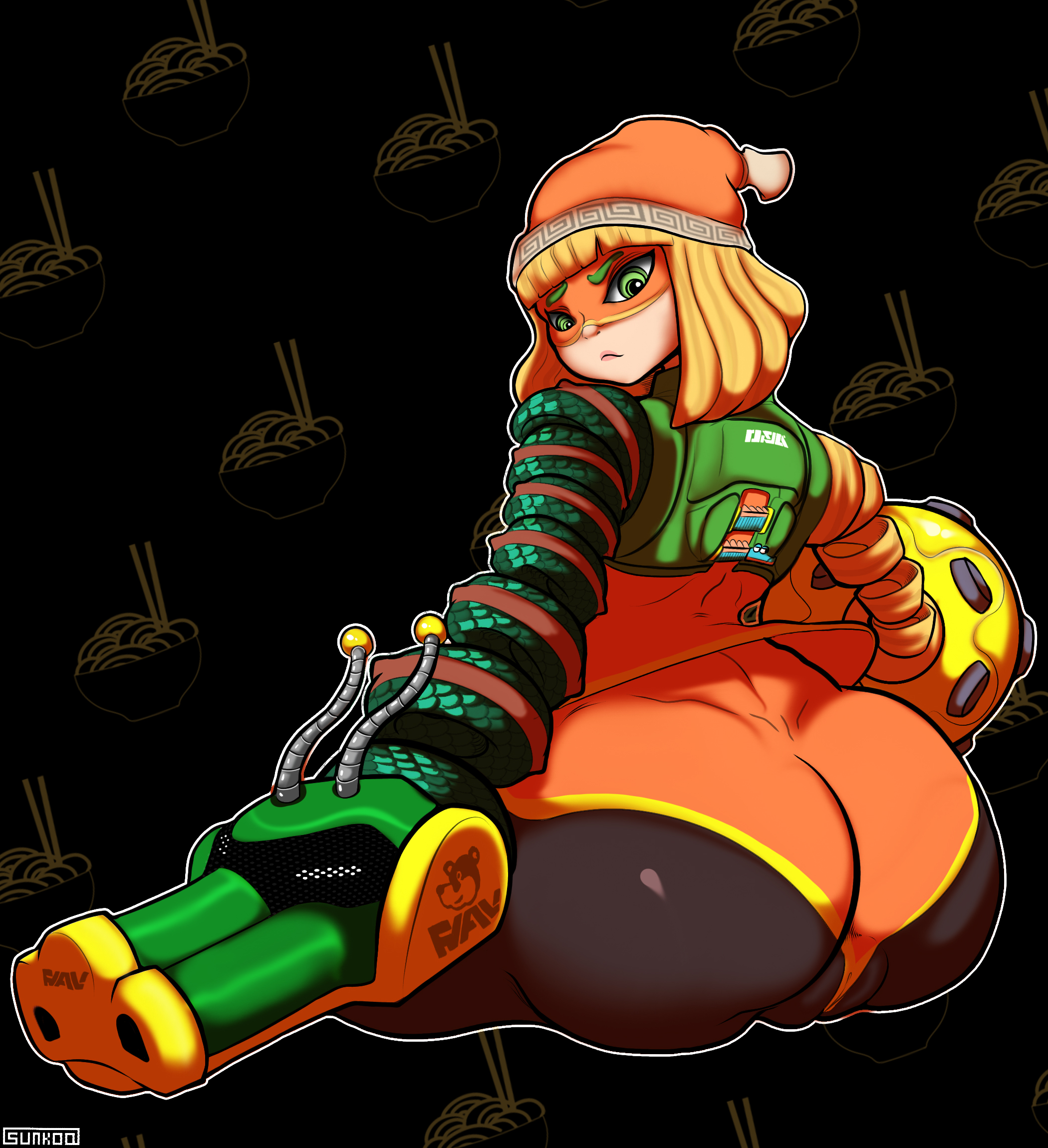 1girls, alternate ass size, arms (game), ass, big ass, black leggings, blonde hair, bottom heavy, bubble ass, bubble butt, cameltoe, fat ass, fat butt, female, female only, green eyes, hat, huge ass, huge butt, large ass, large butt, leggings, looking back, medium hair, min min (arms), nintendo, oddrich, pussy, solo, solo female, thick ass, thick thighs, thighs, wide hips