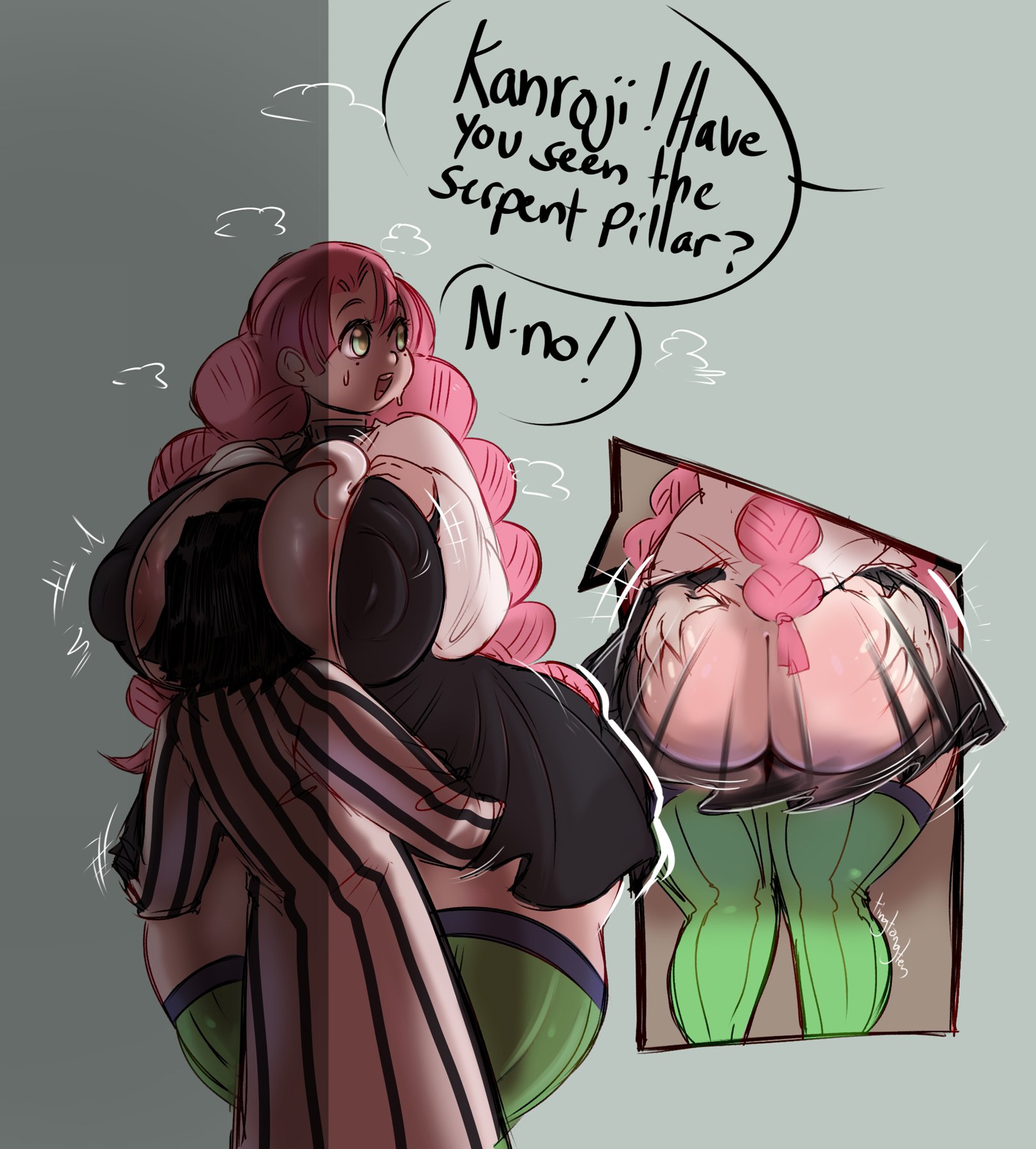 1boy, 1girls, ass, ass grab, big ass, black hair, braided hair, demon slayer, female, haori, iguro obanai, kanroji mitsuri, kimetsu no yaiba, larger female, male, pink hair, smaller male, socks, stand and carry position, standing sex, stealth sex, tagme, tingtongten