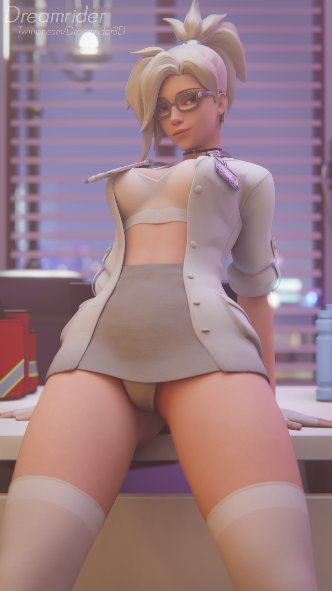1girls, 3d, blender, breasts, clothed, doctor, dreamrider, female, female only, glasses, looking at viewer, mercy, overwatch, panties, solo
