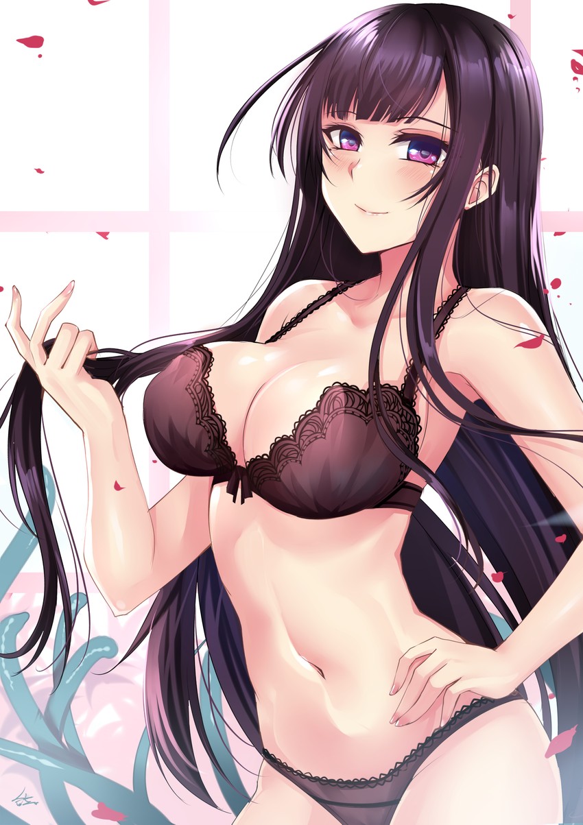 absurdres ane_naru_mono bangs bare_arms bare_shoulders black_bra black_hair black_panties blush bra breasts chiyo_(ane_naru_mono) cleavage collarbone commentary_request female gu_li highleg highleg_panties highres large_breasts long_hair looking_at_viewer mole mole_under_eye navel panties purple_eyes smile solo underwear