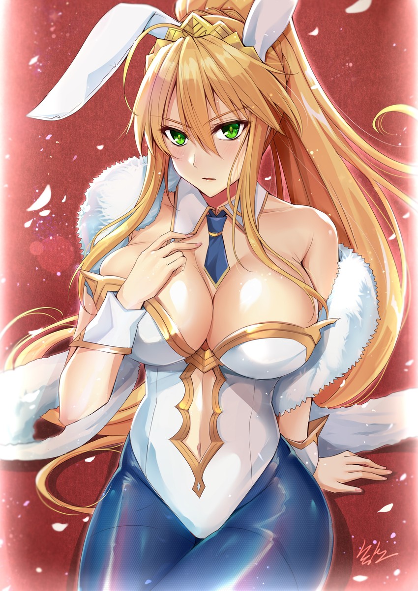 absurdres ahoge animal_ears artoria_pendragon artoria_pendragon_(lancer) artoria_pendragon_(swimsuit_ruler) blonde_hair blue_legwear breasts bunny_ears clothing_cutout cowboy_shot detached_collar fake_animal_ears fate/grand_order fate_(series) female fishnet_legwear fishnets green_eyes gu_li hair_between_eyes highres large_breasts leotard long_hair navel navel_cutout pantyhose playboy_bunny ponytail sidelocks solo strapless strapless_leotard very_long_hair white_leotard