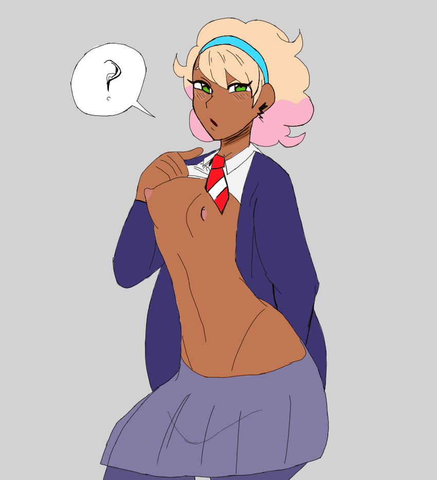 blonde_hair blush breasts color dark-skinned_female dark_skin female female_only green_eyes grey_background human human_only peonia_(pokemon) pink_hair pokemon pokemon_ss pokemon_ss_crown_tundra shakuya_(pokemon) shirt_lift short_hair simple_background small_breasts solo two_tone_hair