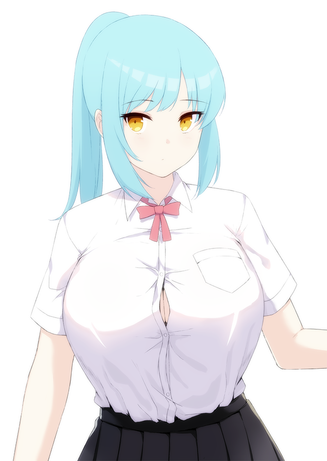 artist_on_twitter big_breasts blue_hair button_gap eyebrows_visible_through_hair female_focus female_only fully_clothed fuuma_kaito hourglass_figure innocent kaitofuuma original ponytail posing ran_(kaitofuuma) red_ribbon school_uniform shiny_hair shiny_skin simple_background slim_waist small_mouth small_nose solo tied_hair tight_clothing tight_fit turquoise_hair twitter twitter_username white_background yellow_eyes